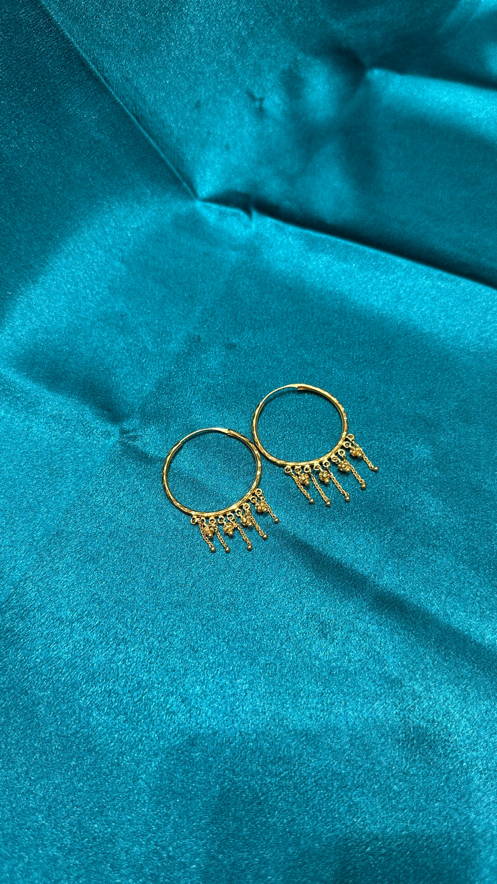 22K Gold Hoops With Hanging Chain & Beads