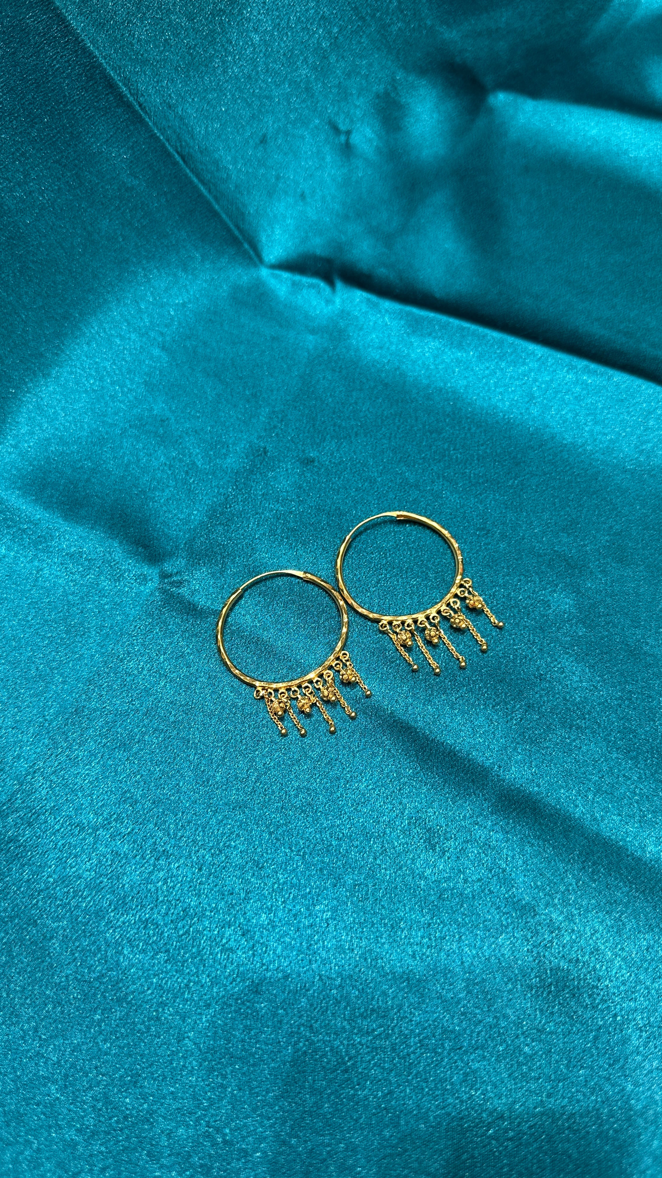 22K Gold Hoops With Hanging Chain & Beads
