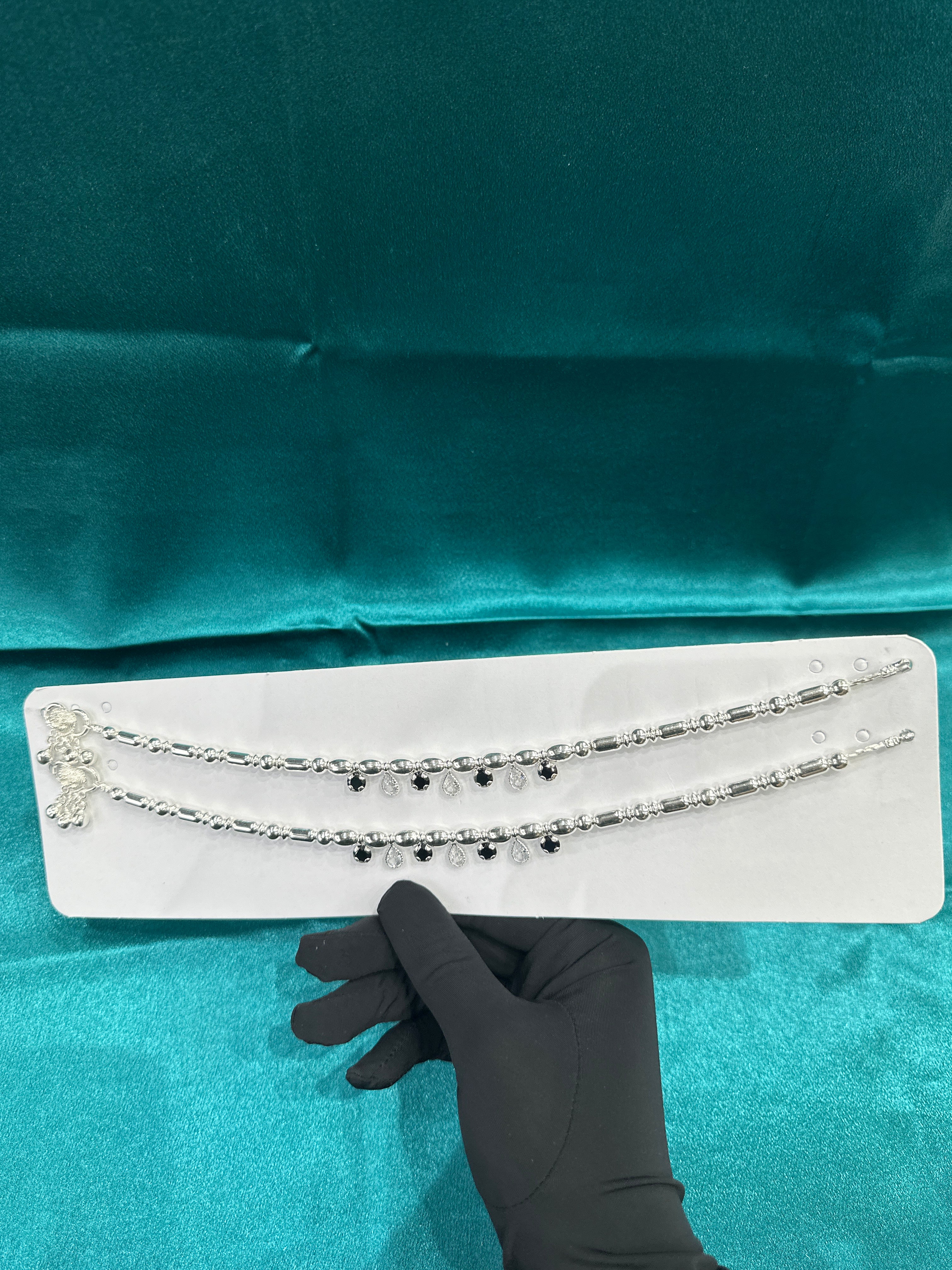 Fancy Silver Anklets With Beads & Hanging White & Black Cz Diamonds