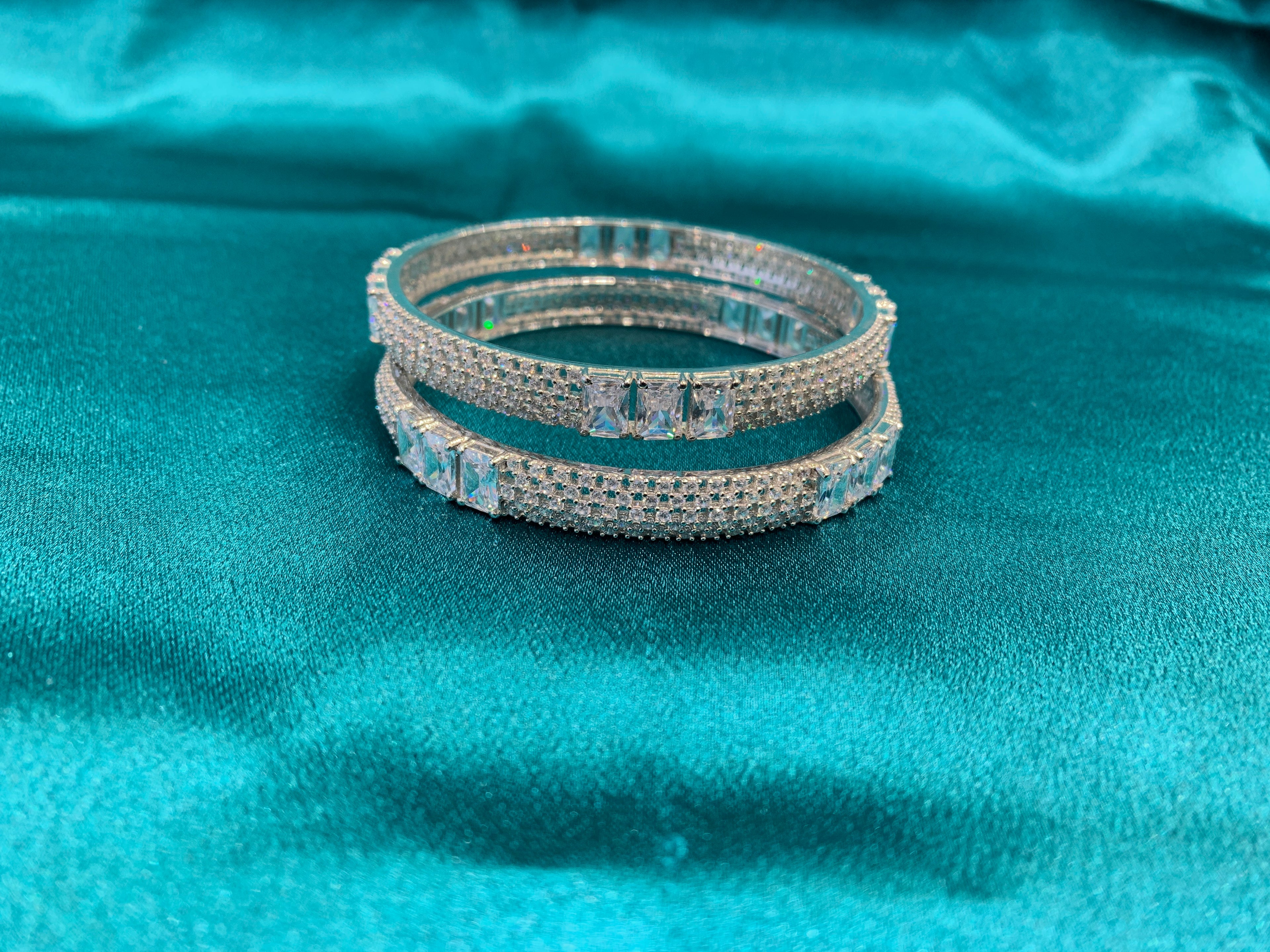 Elegant CZ diamond silver bangles with white rectangular CZ diamonds