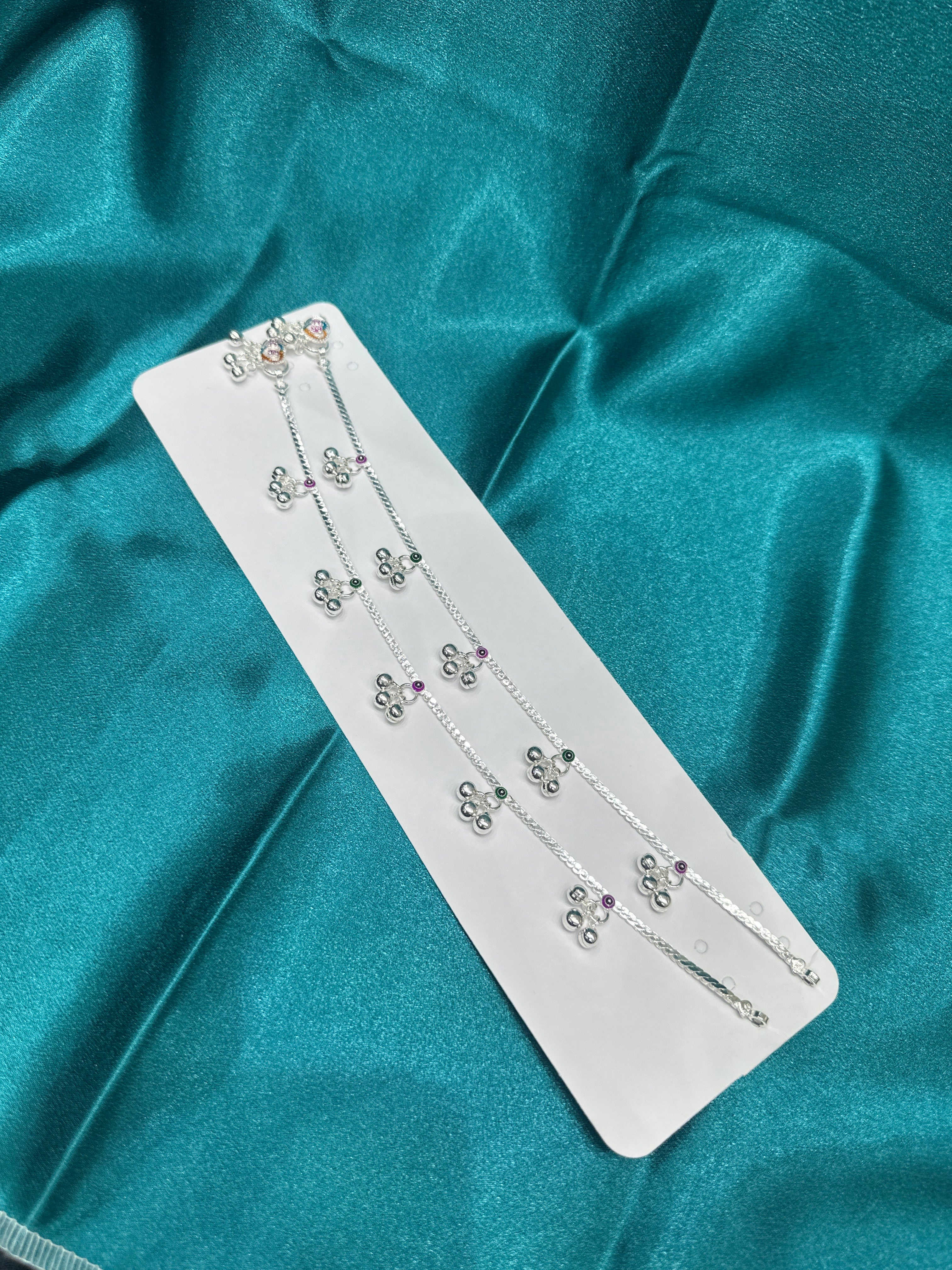 Fancy Silver Anklets With Hanging Bells & Green and pink Colour