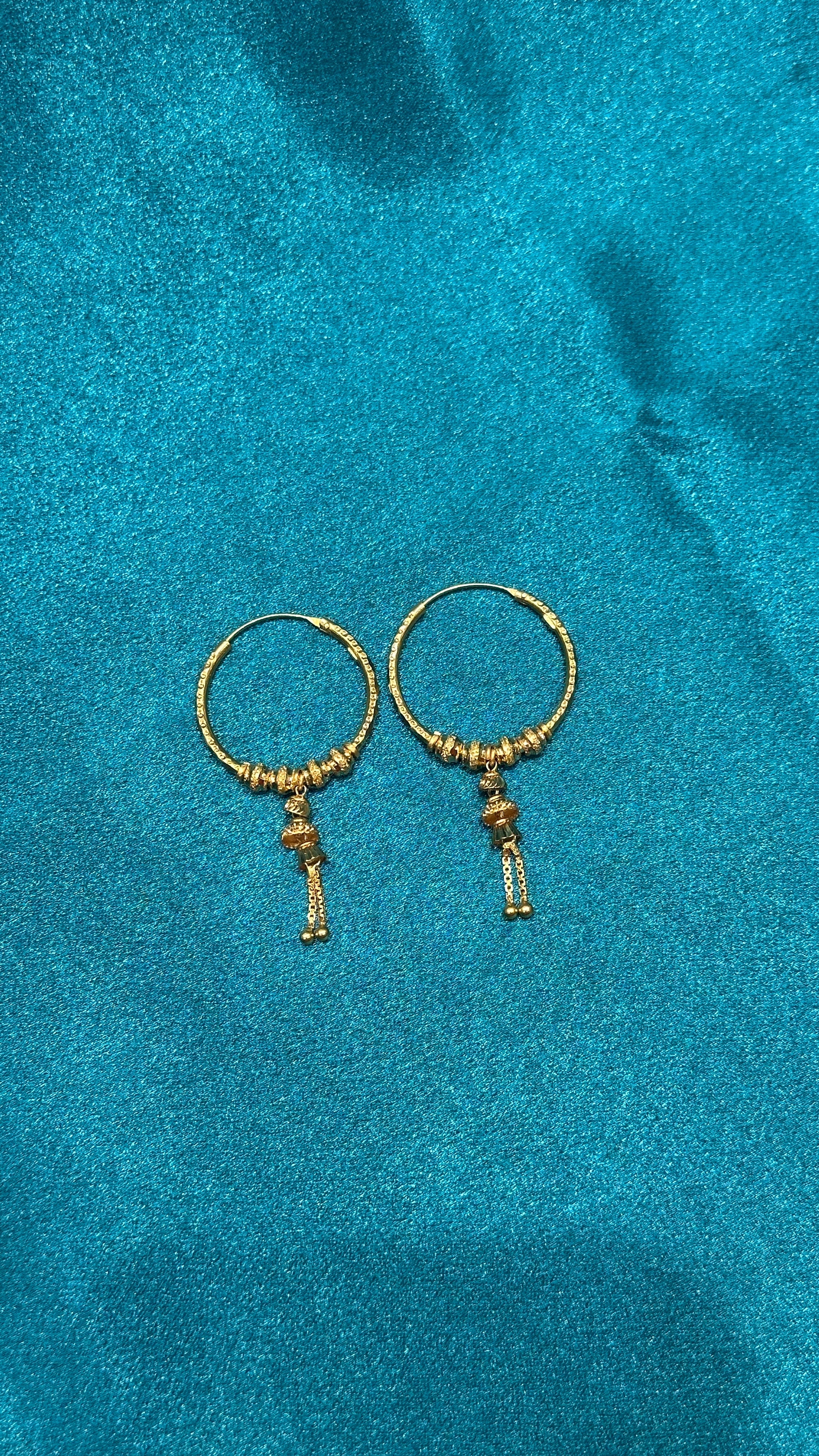 22K Gold Hoops With Designer Beads & Hanging Design