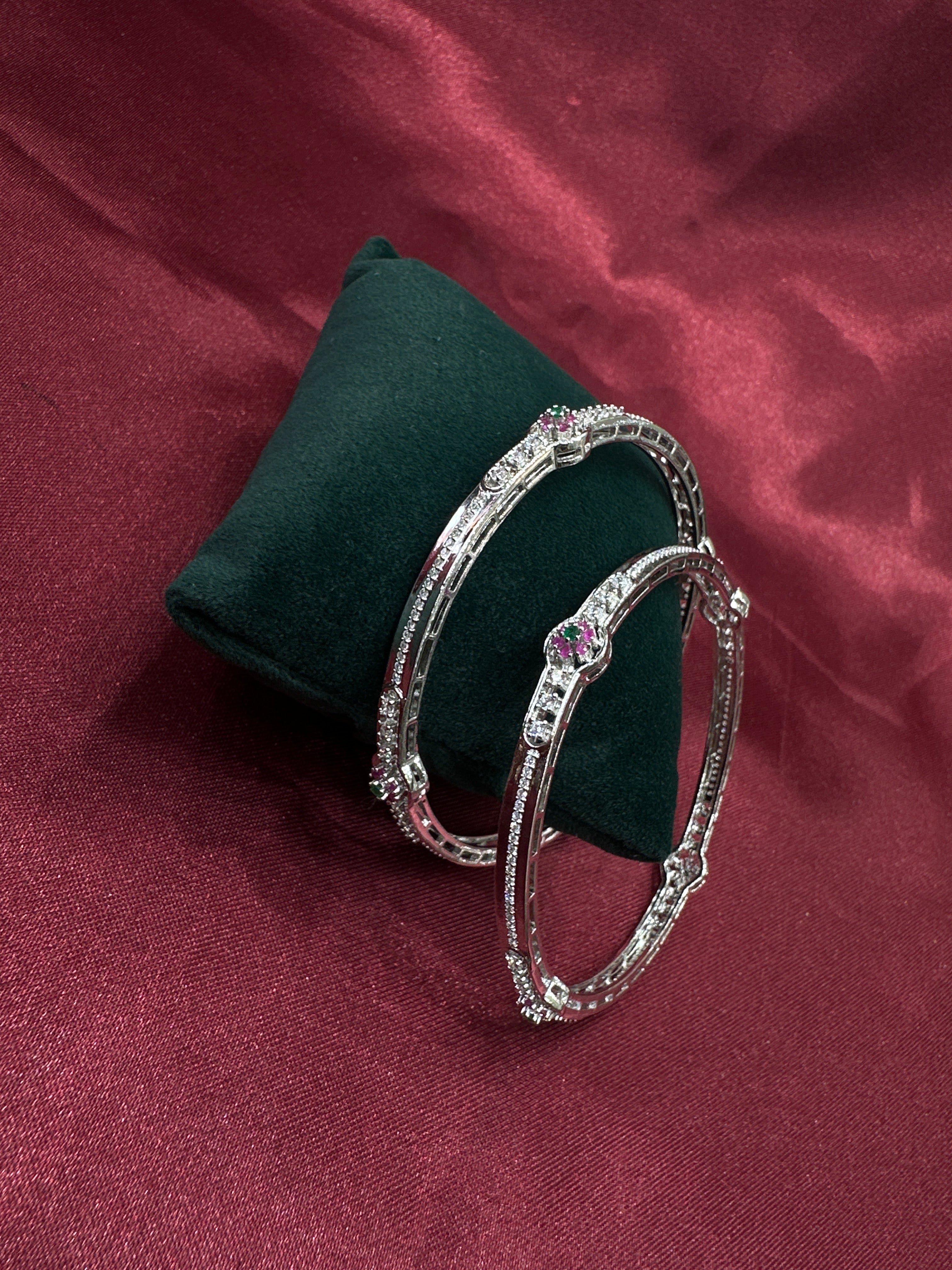 Elegant CZ diamond silver bangles with white stone in sequence design