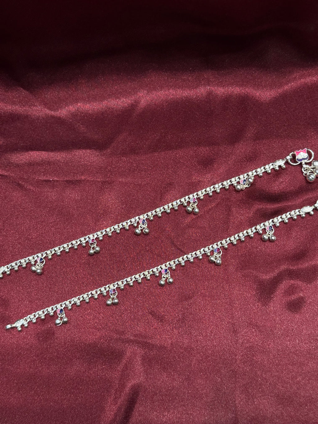 Traditional style kids silver anklets with purple and pink enamel (13-15 year old)