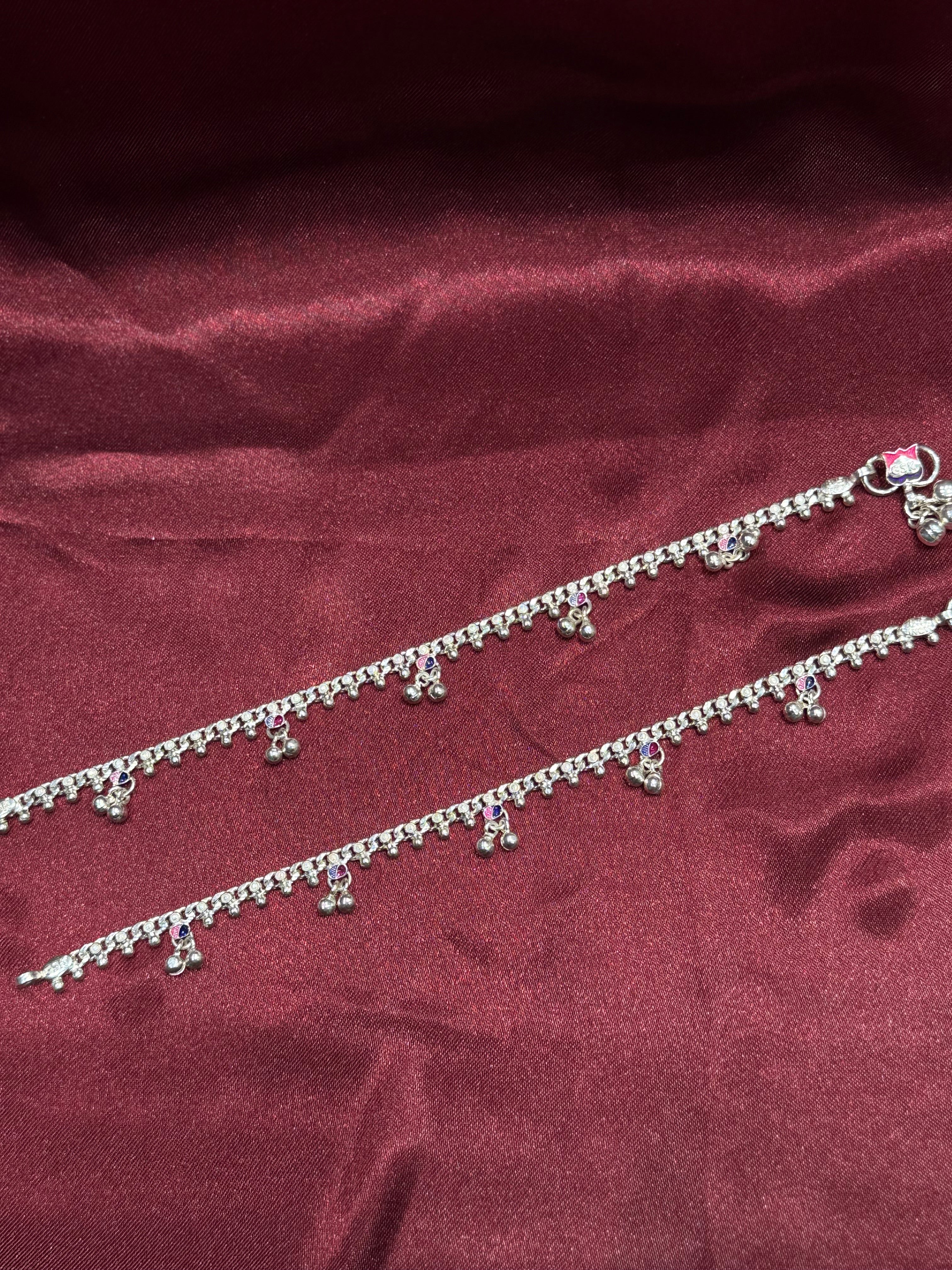 Traditional style kids silver anklets with purple and pink enamel (13-15 year old)