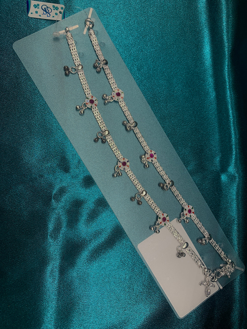 Traditional silver anklets with pink CZ diamonds and antique bells