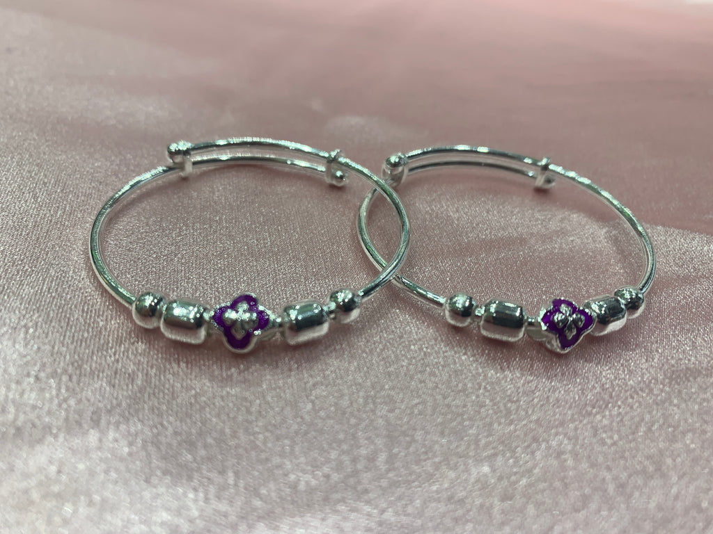 Silver baby bangles with purple flower beads