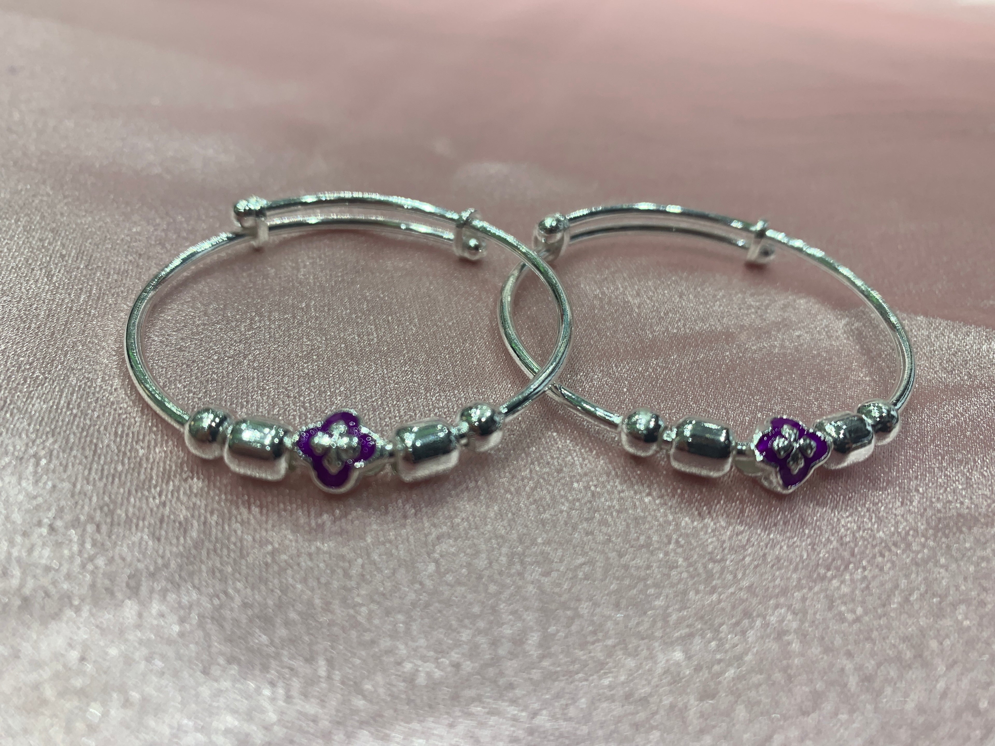 Silver baby bangles with purple flower beads