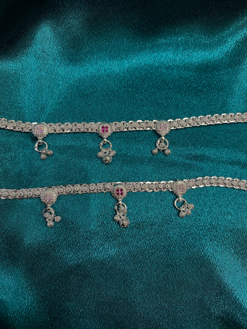 Traditional silver anklets with pink CZ diamonds and triple bells