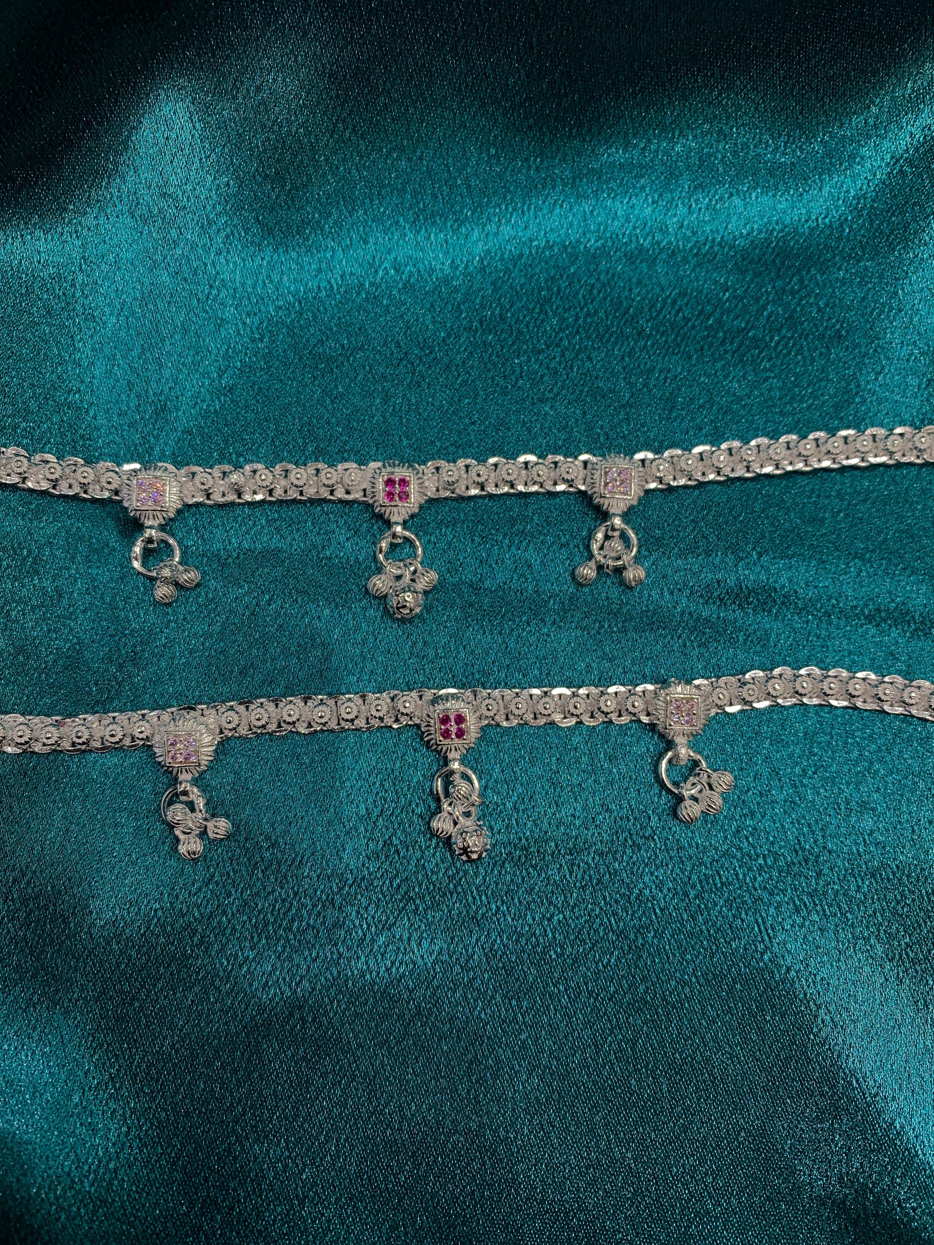 Traditional silver anklets with pink CZ diamonds and triple bells