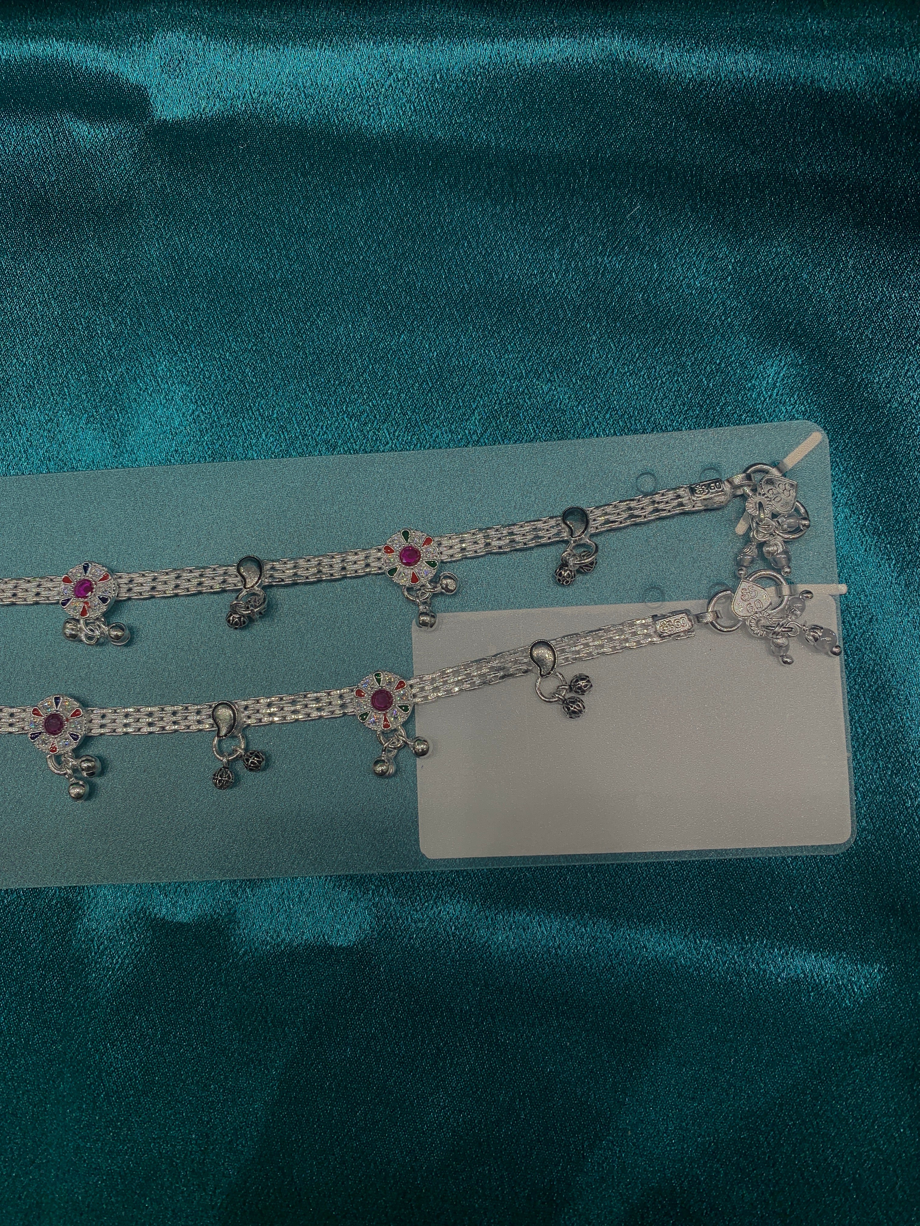 Traditional silver anklets with pink CZ diamonds and antique bells