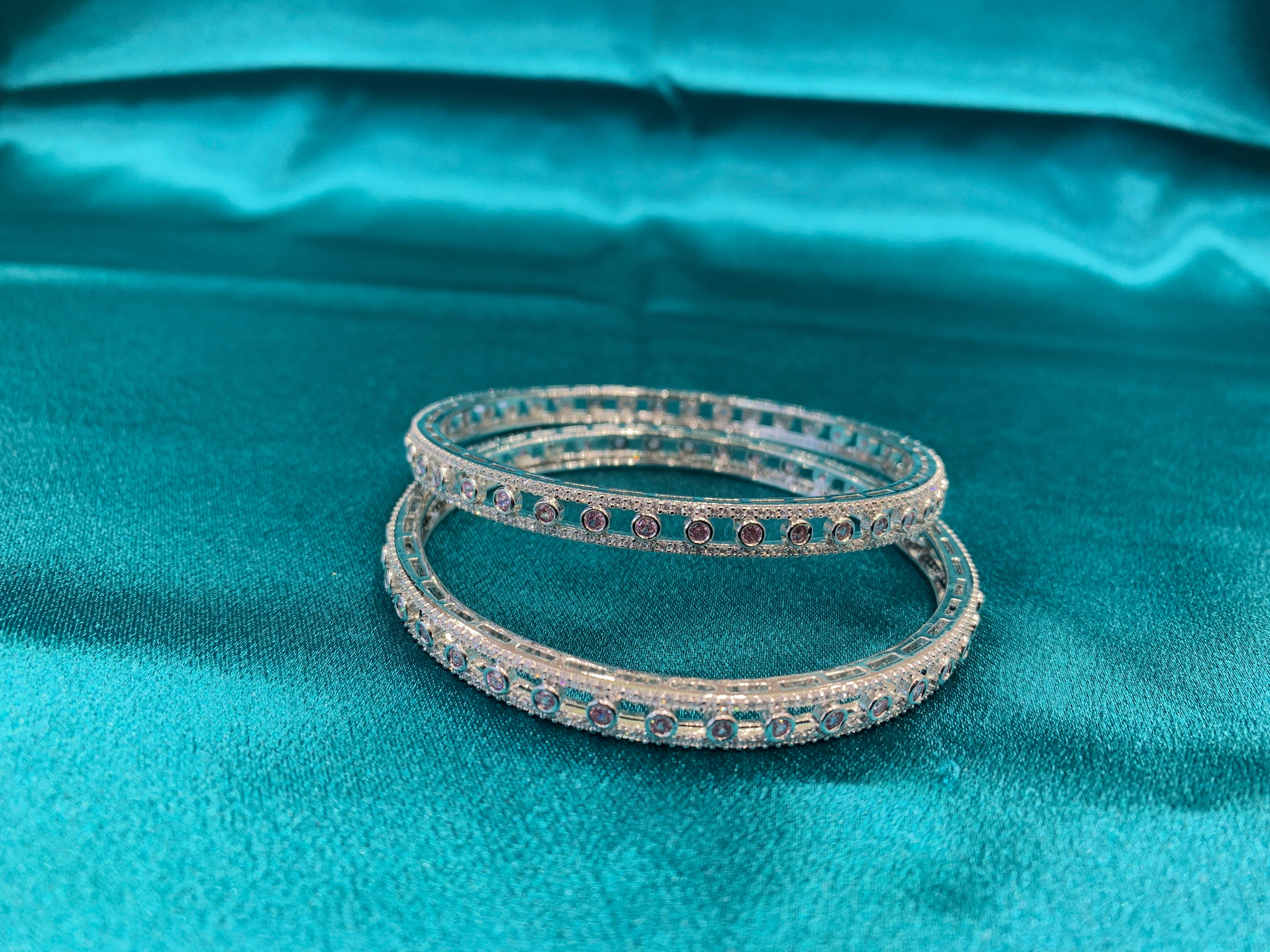 Elegant CZ diamond silver bangles with pink CZ diamonds