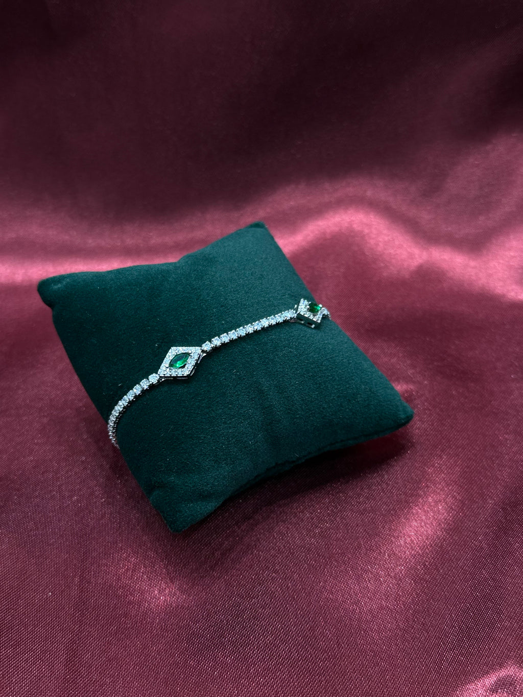 Fancy silver bracelet CZ diamond with green oval stones