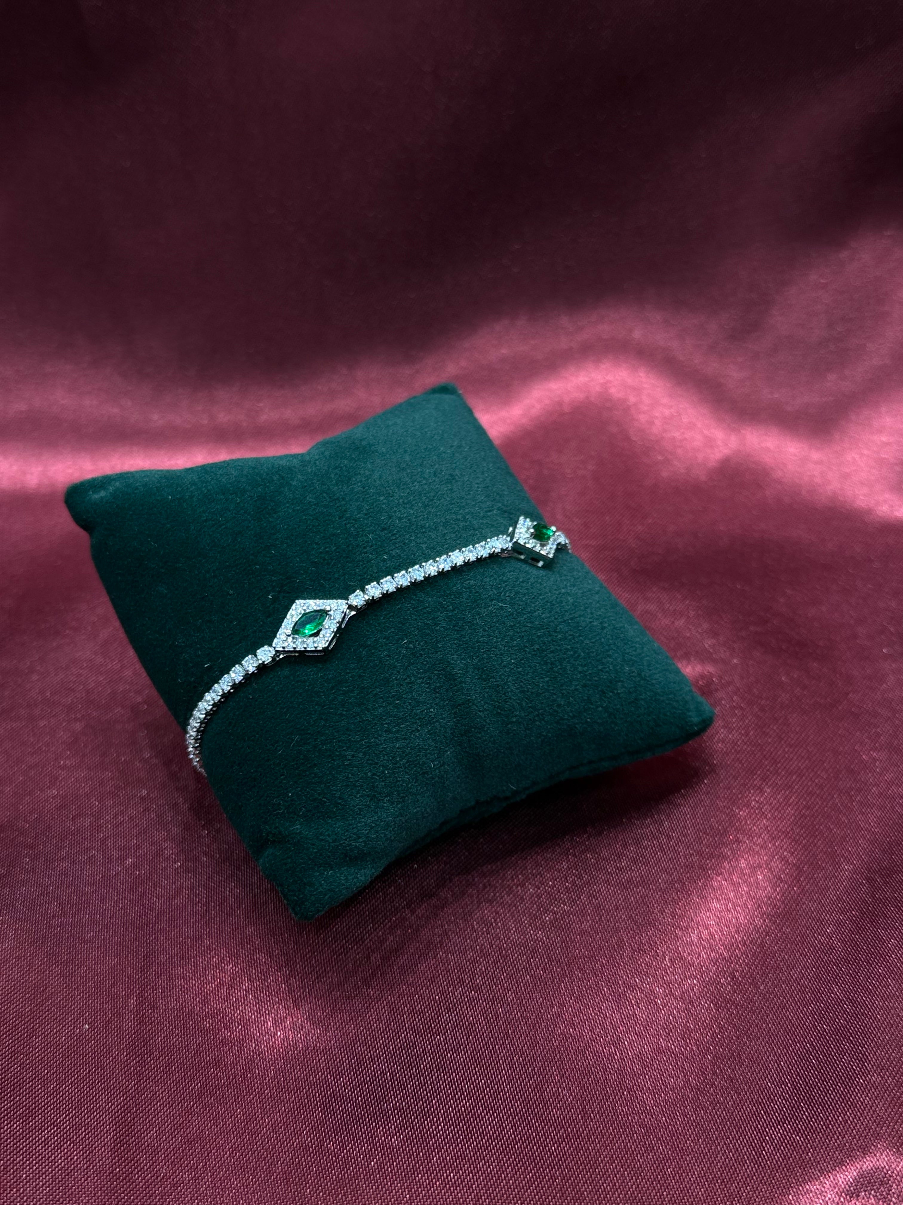 Fancy silver bracelet CZ diamond with green oval stones