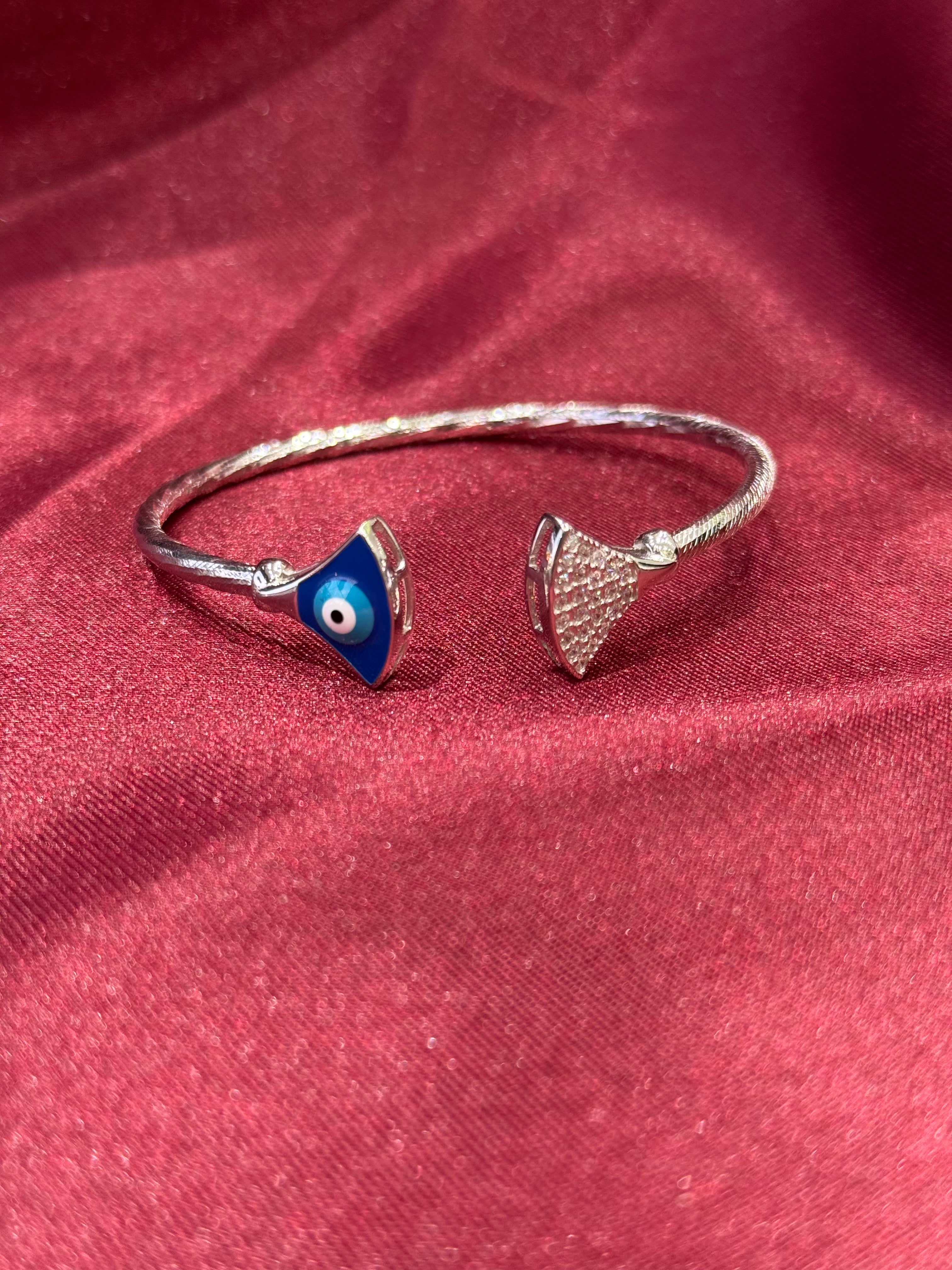 Fancy silver evil eye open end bangle