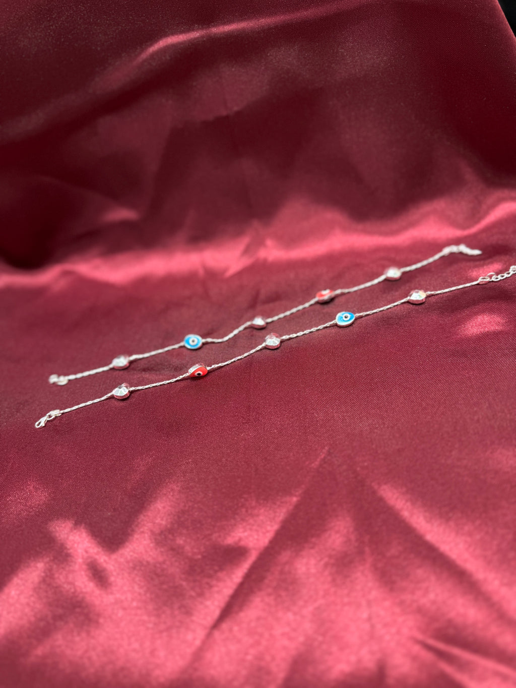 Kids fancy silver anklets with blue and orange evil eye (16-18 year old)