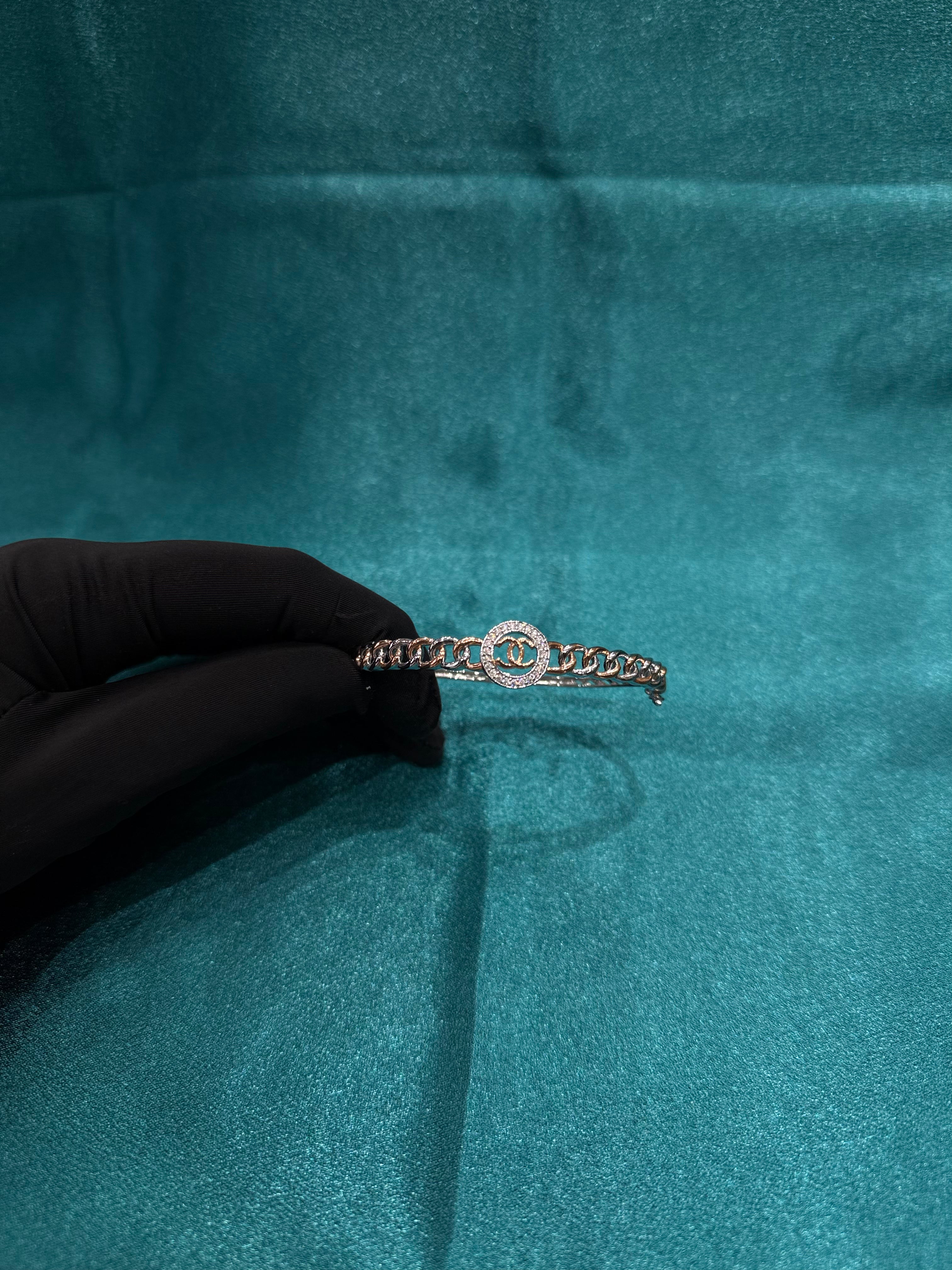 Fancy silver bangle inspired by channel style with rose gold plating