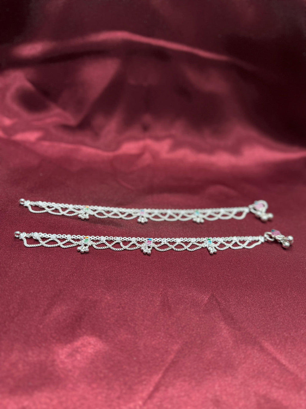 Kids traditional filigree style silver anklets with multicolour pattern (13-15 year old)