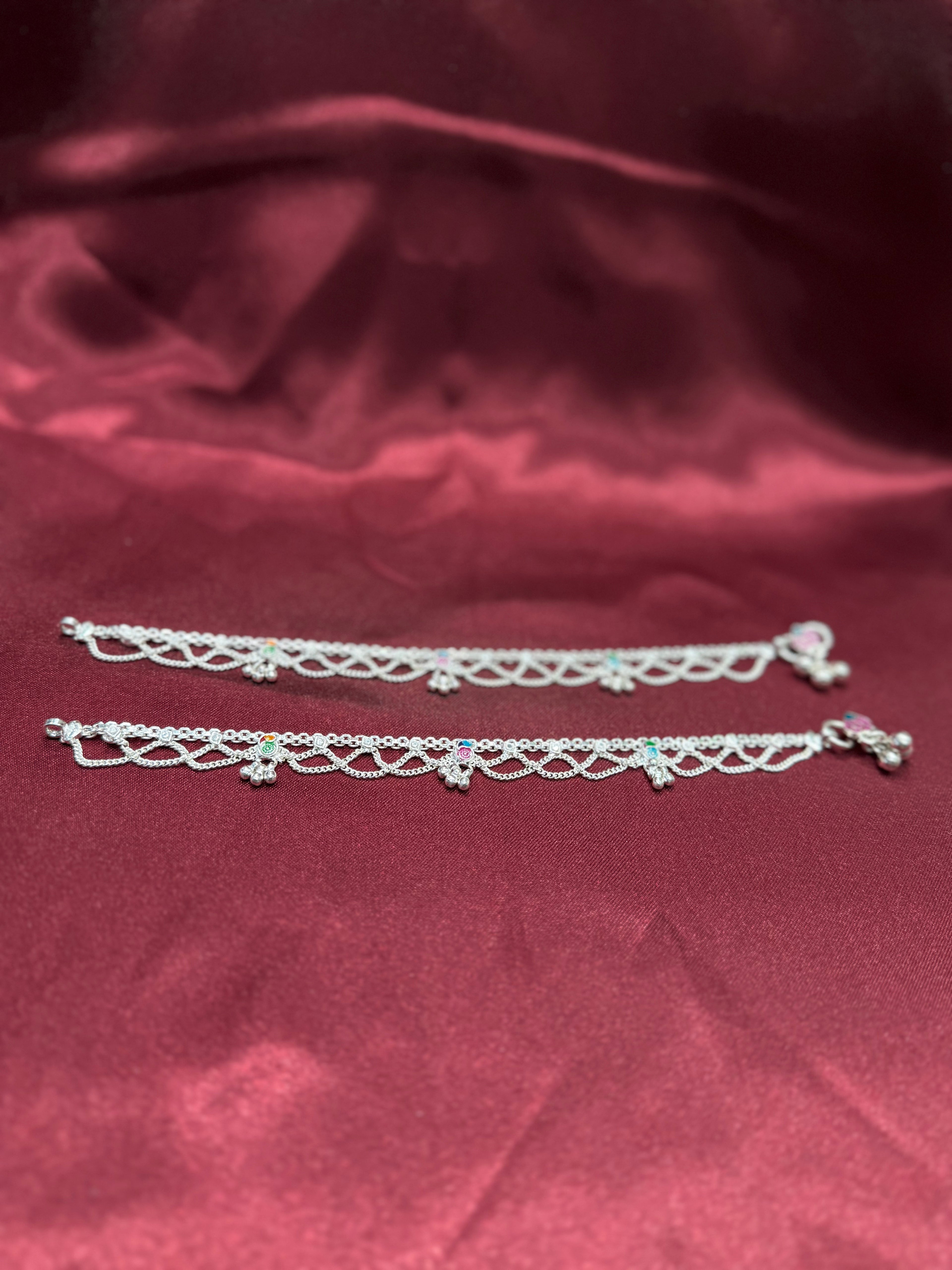 Kids traditional filigree style silver anklets with multicolour pattern (13-15 year old)