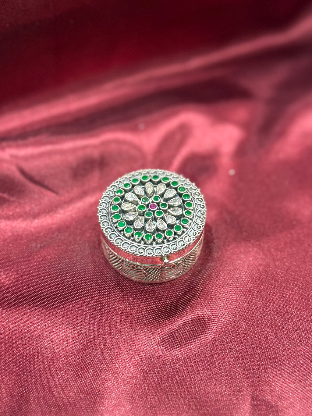 Antique Silver Box with CZ diamonds and green stones