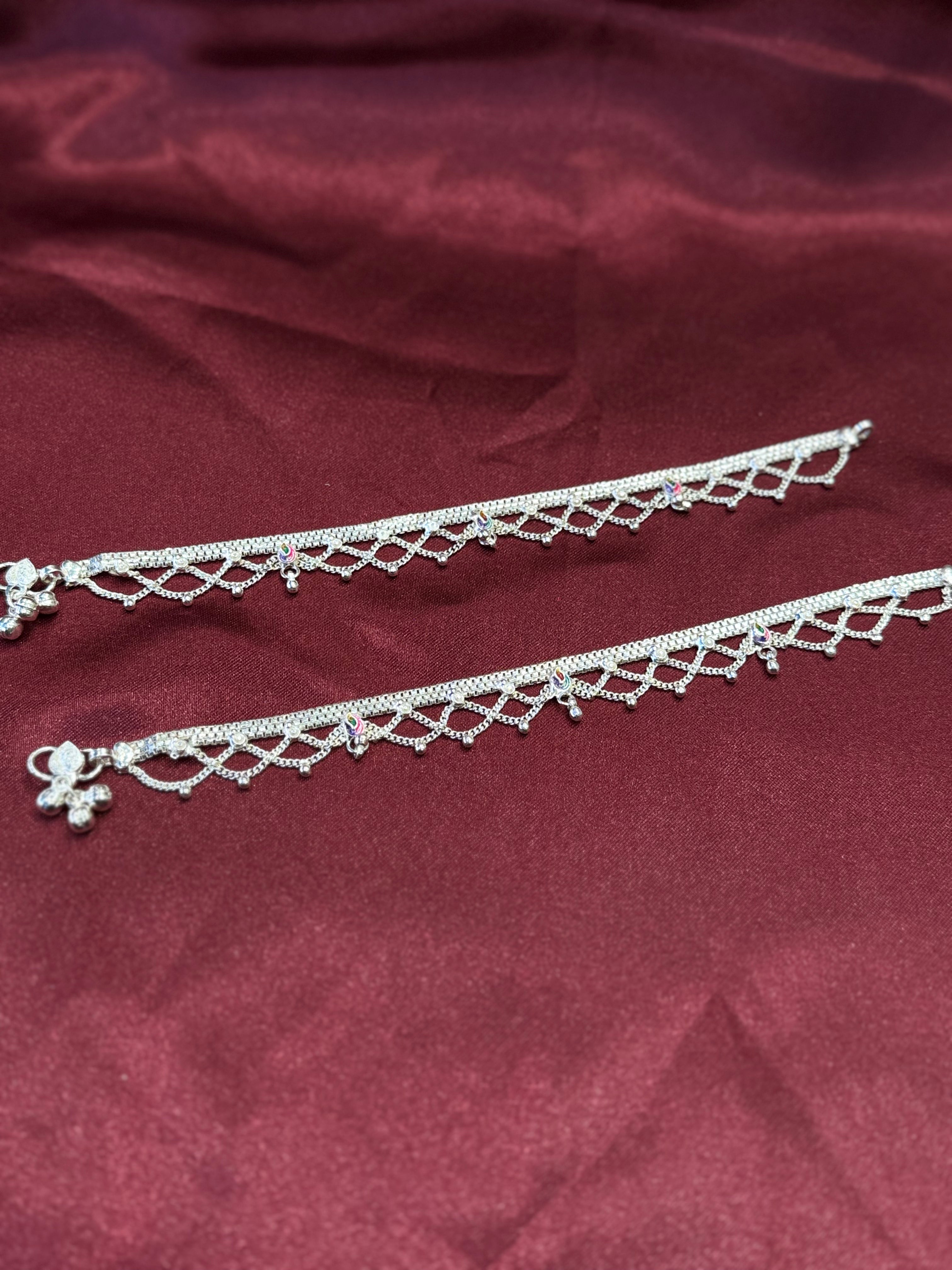 Traditional style kids silver anklets with filigree and bell charms (13-15 year old)