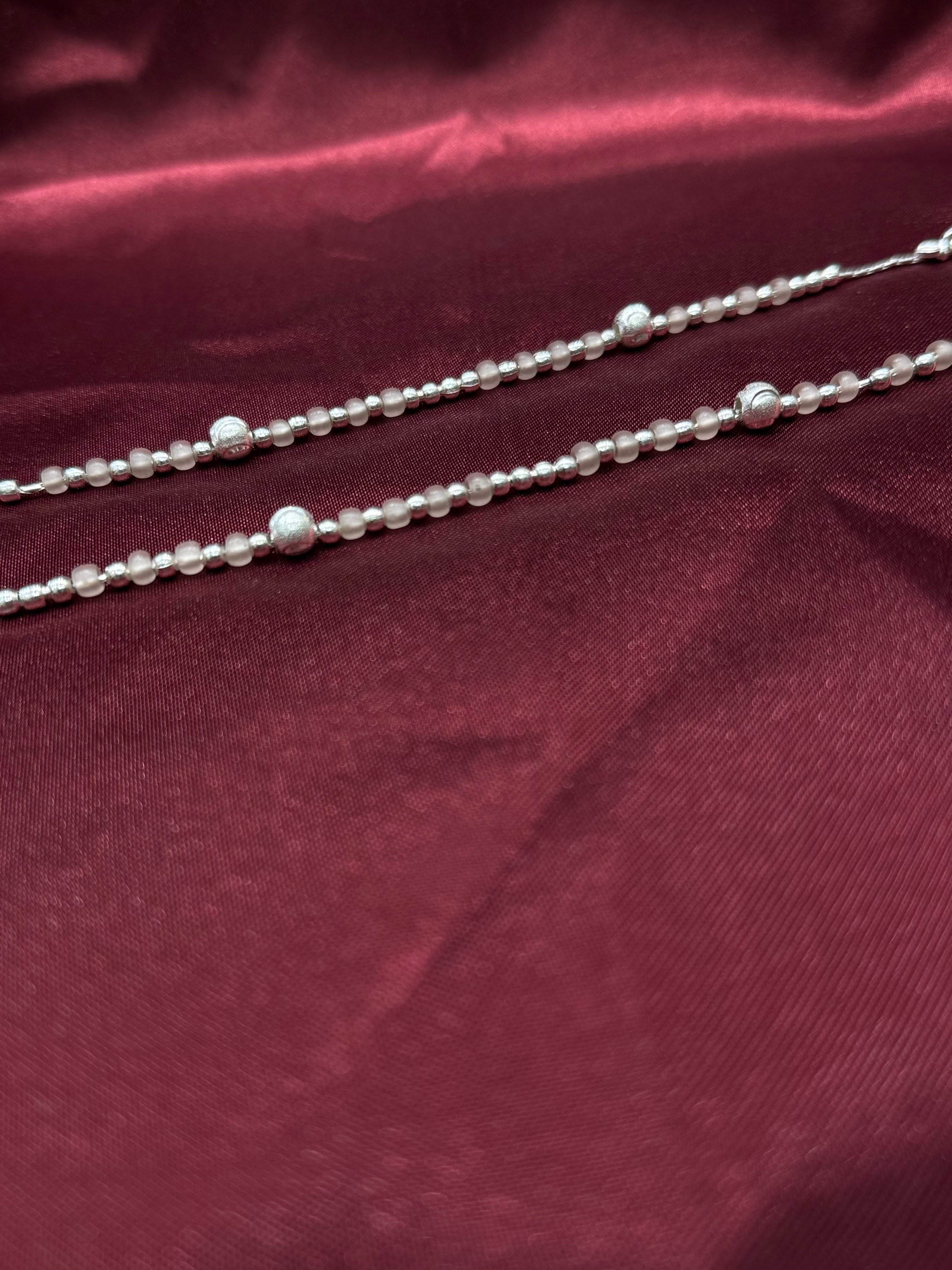 Kids fancy silver anklet with pink beads (10-12 year old)