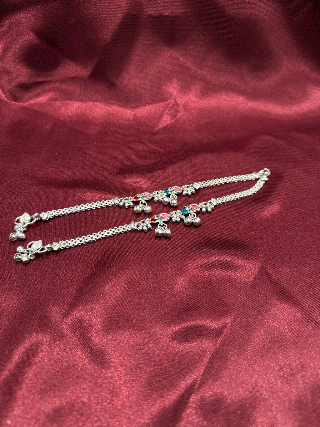 Kids fancy silver anklets with red, pink and blue colour and bells in the centre (6-9 year old)