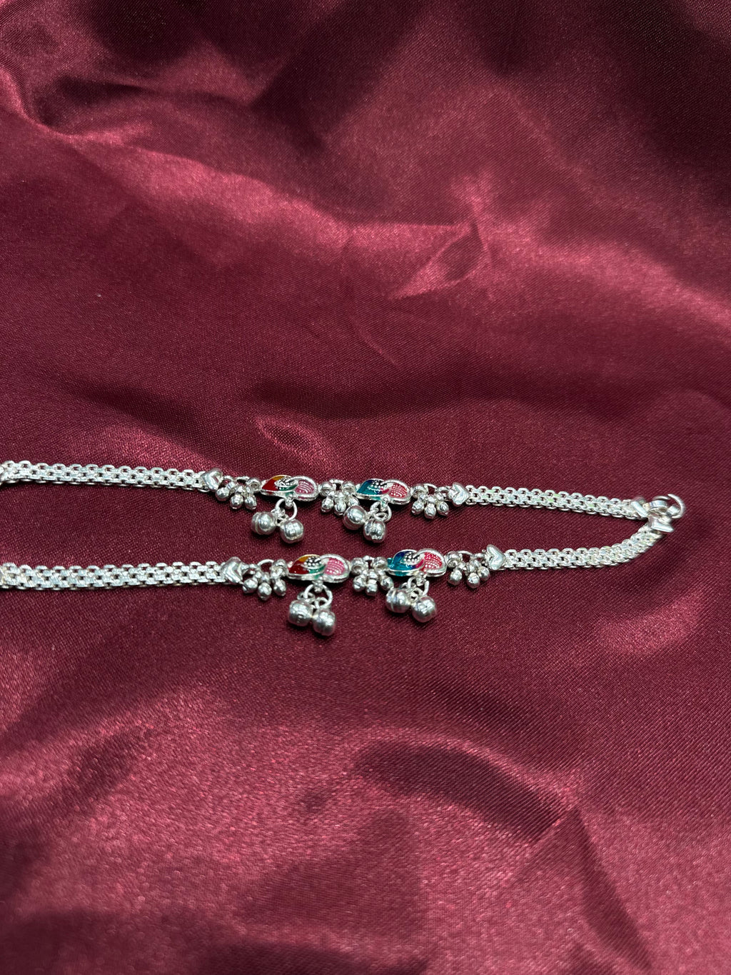 Kids fancy silver anklets with red, pink and blue colour and bells in the centre (6-9 year old)