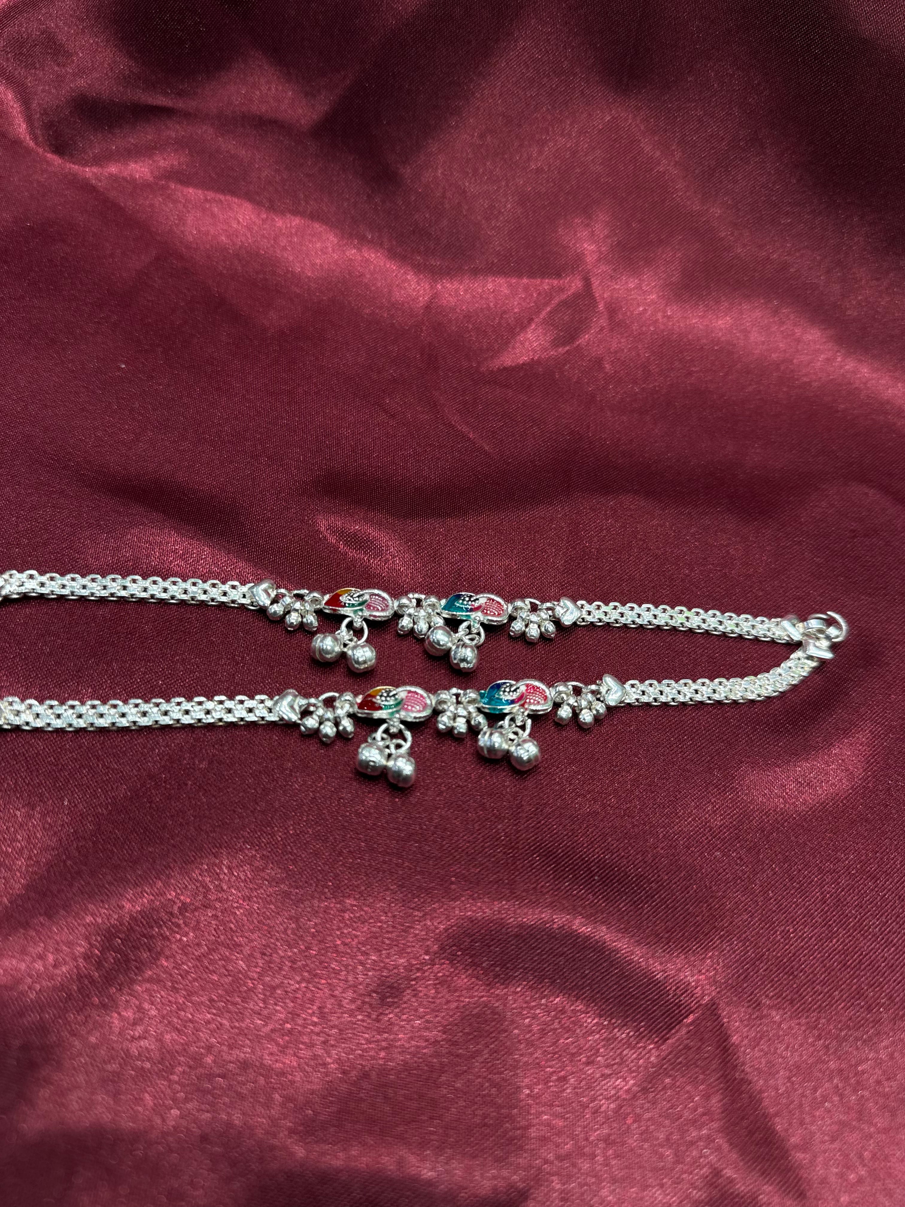 Kids fancy silver anklets with red, pink and blue colour and bells in the centre (6-9 year old)