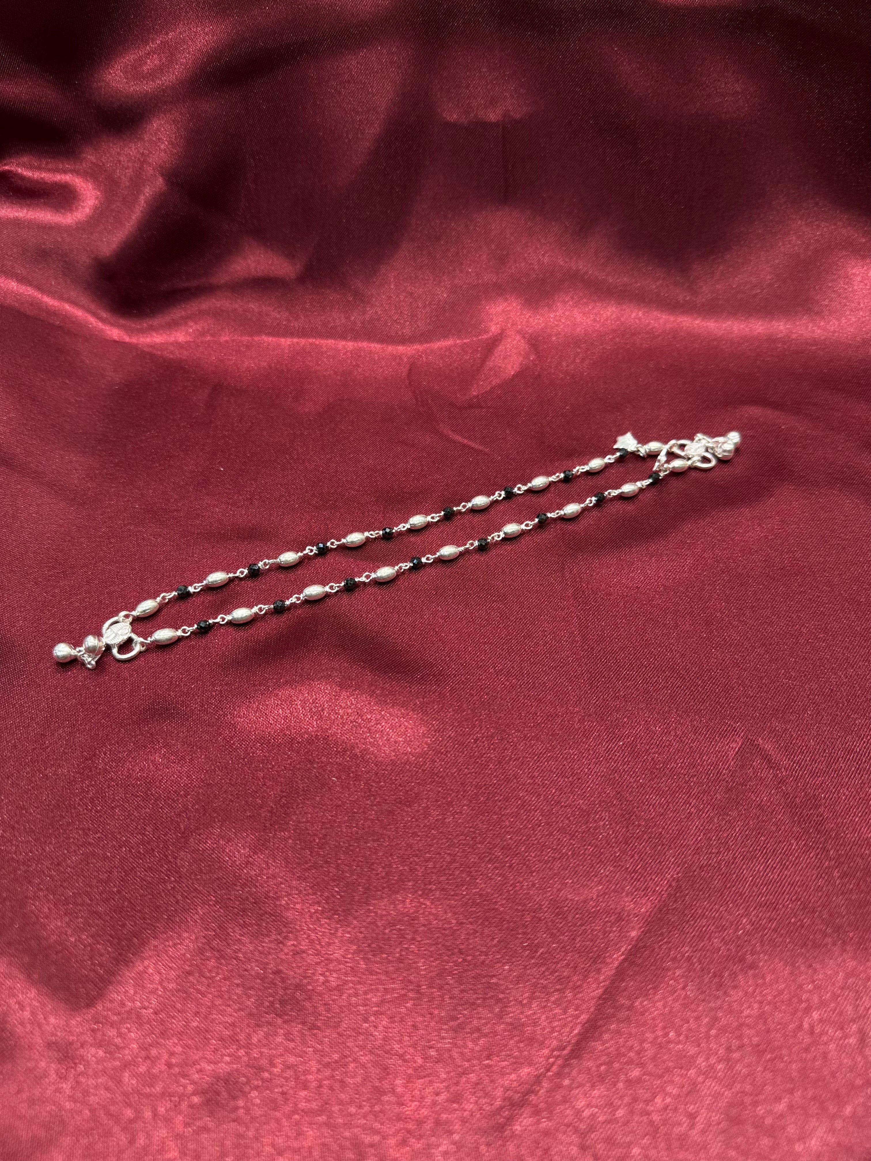 Kids fancy silver anklets with silver & black beads (10-12 year old)