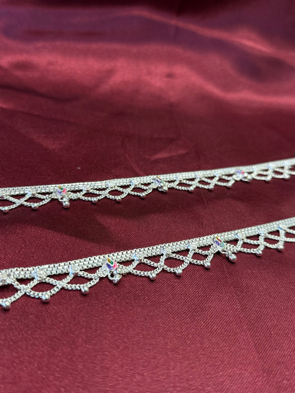 Traditional style kids silver anklets with filigree and bell charms (13-15 year old)