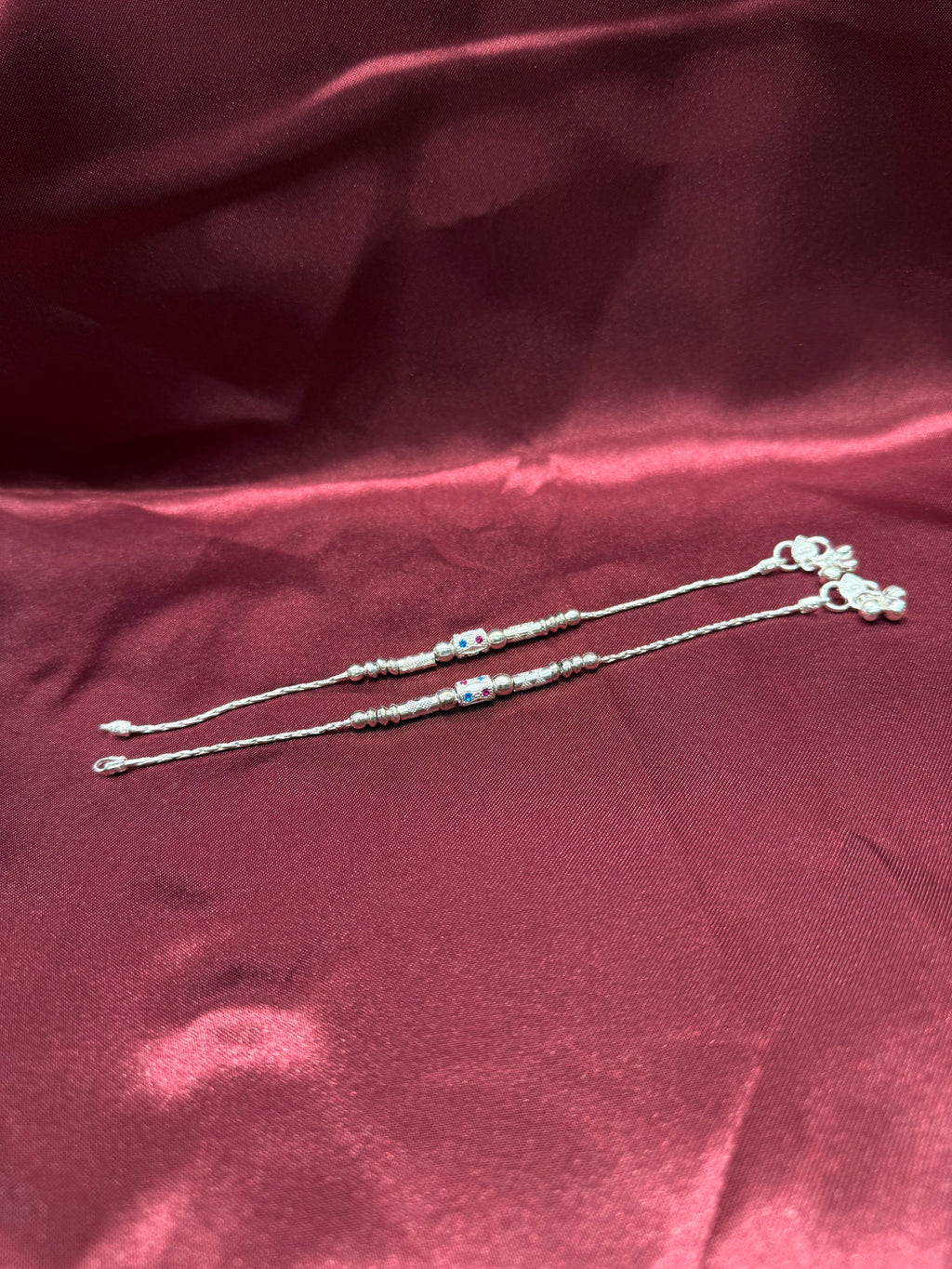 Kids fancy silver anklets with silver beads and blue & pink stones (10-12 year old)