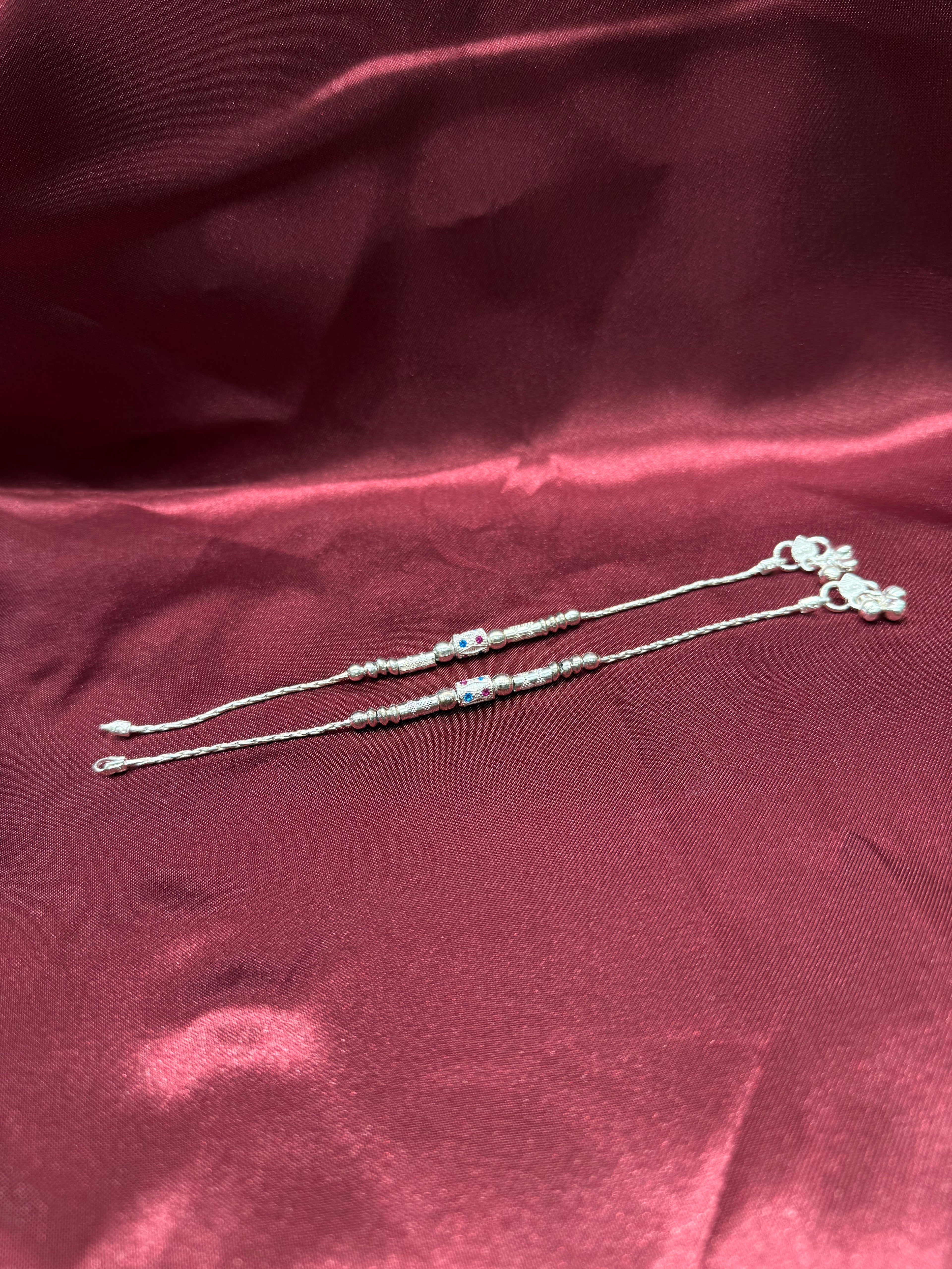 Kids fancy silver anklets with silver beads and blue & pink stones (10-12 year old)