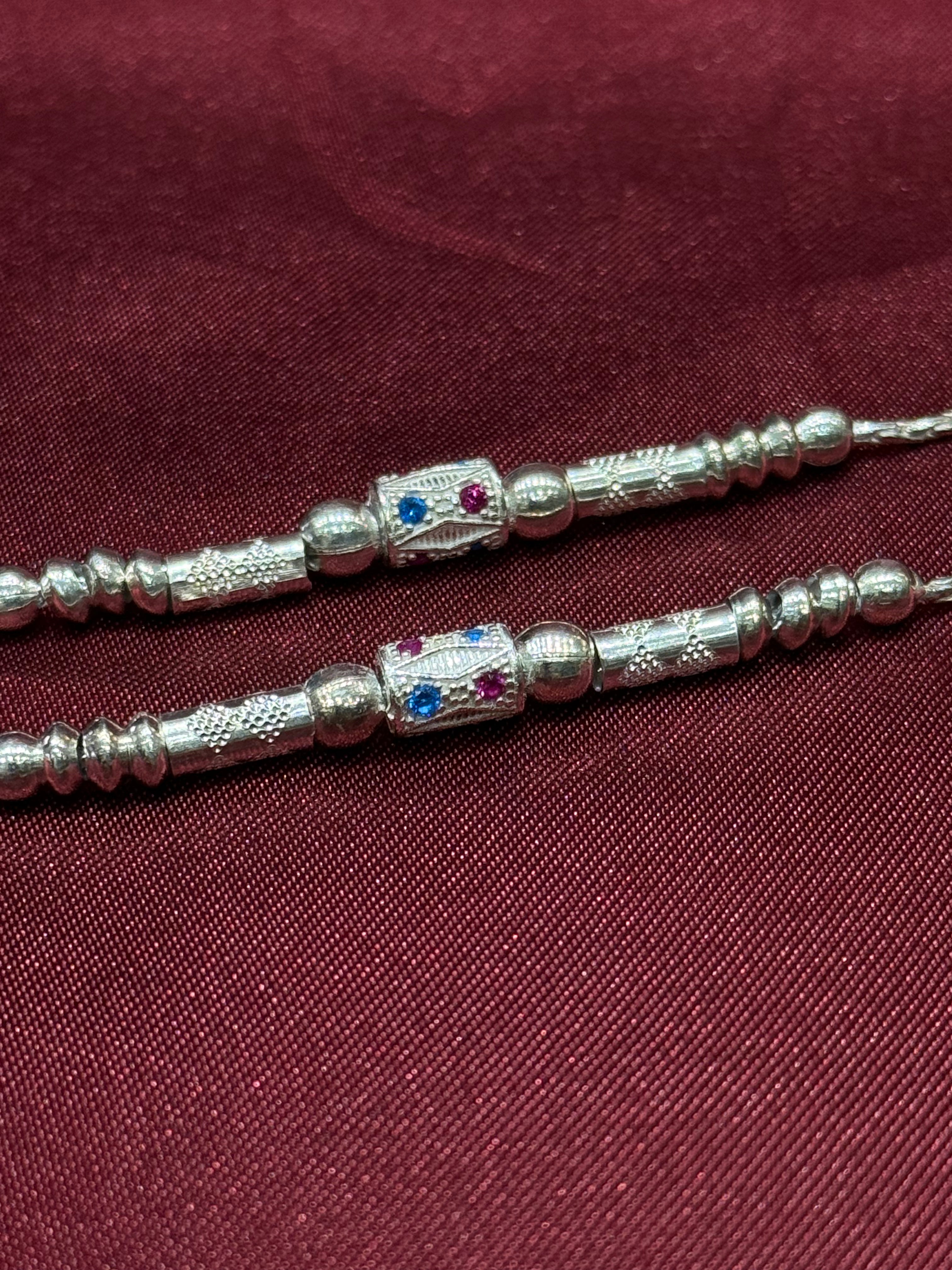 Kids fancy silver anklets with silver beads and blue & pink stones (10-12 year old)