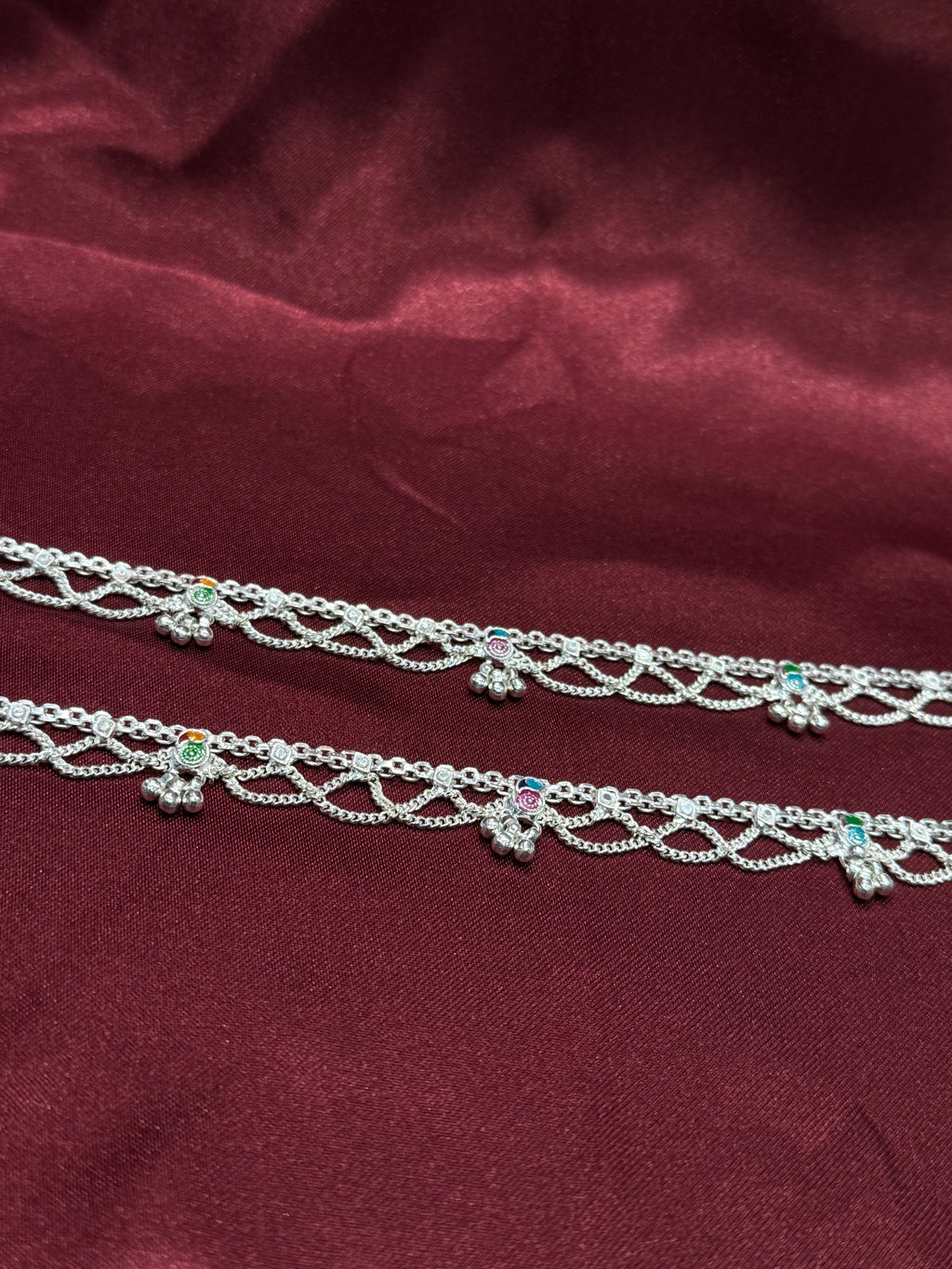 Kids traditional filigree style silver anklets with multicolour pattern (13-15 year old)