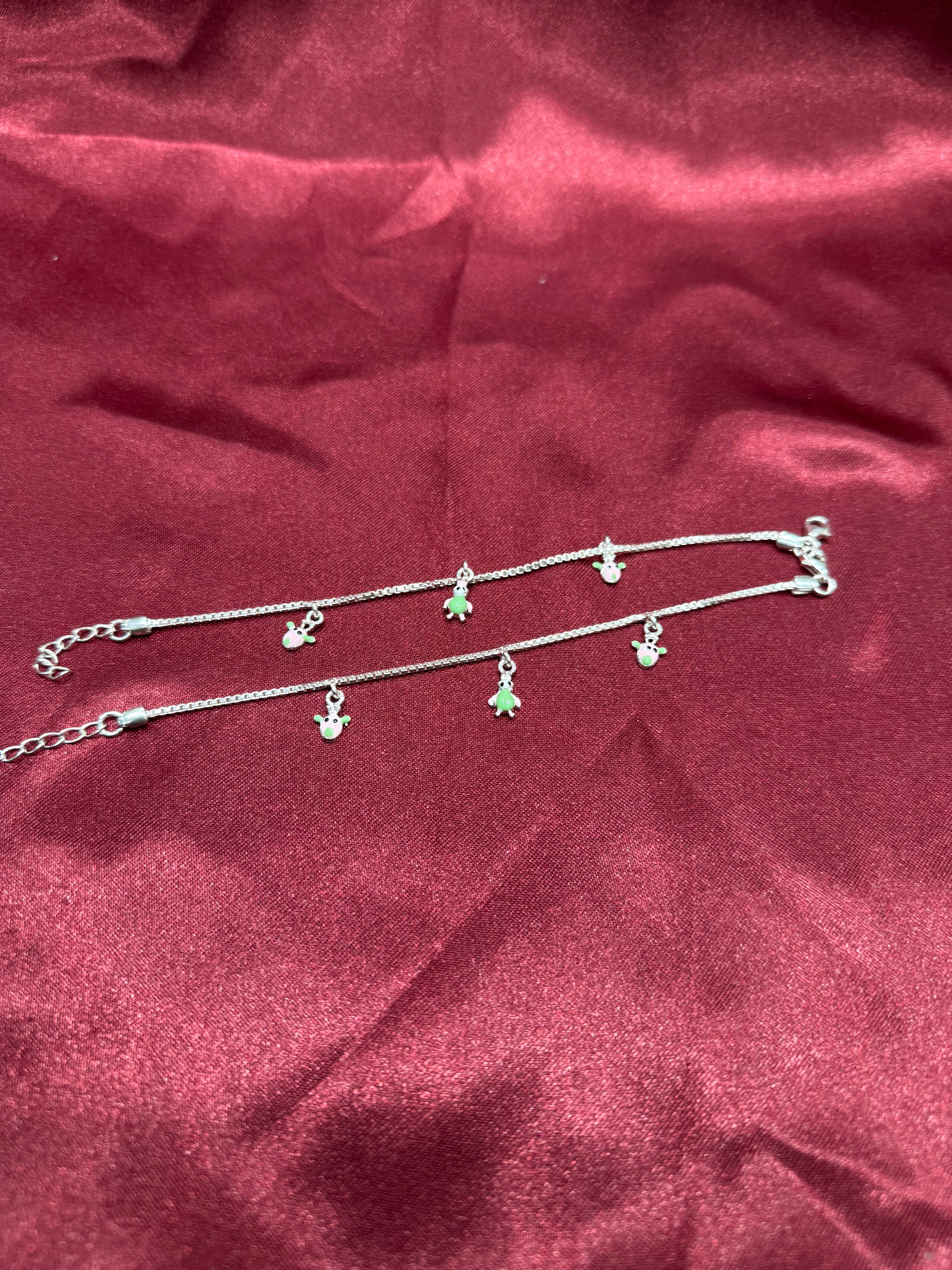 Kids fancy silver anklets with green and peach turtle charms (2-3 year old)