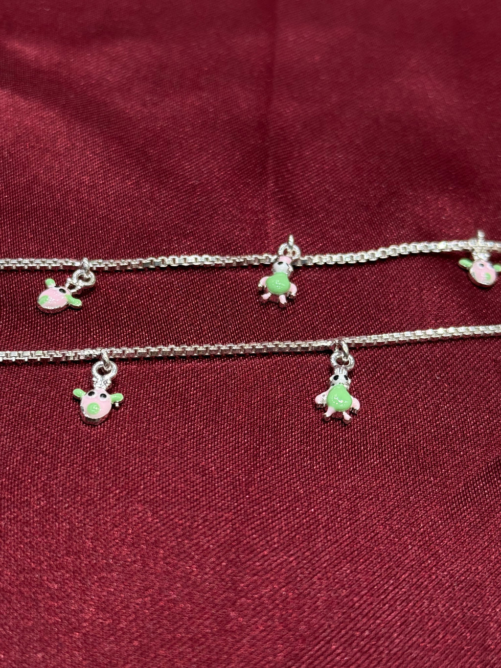 Kids fancy silver anklets with green and peach turtle charms (2-3 year old)
