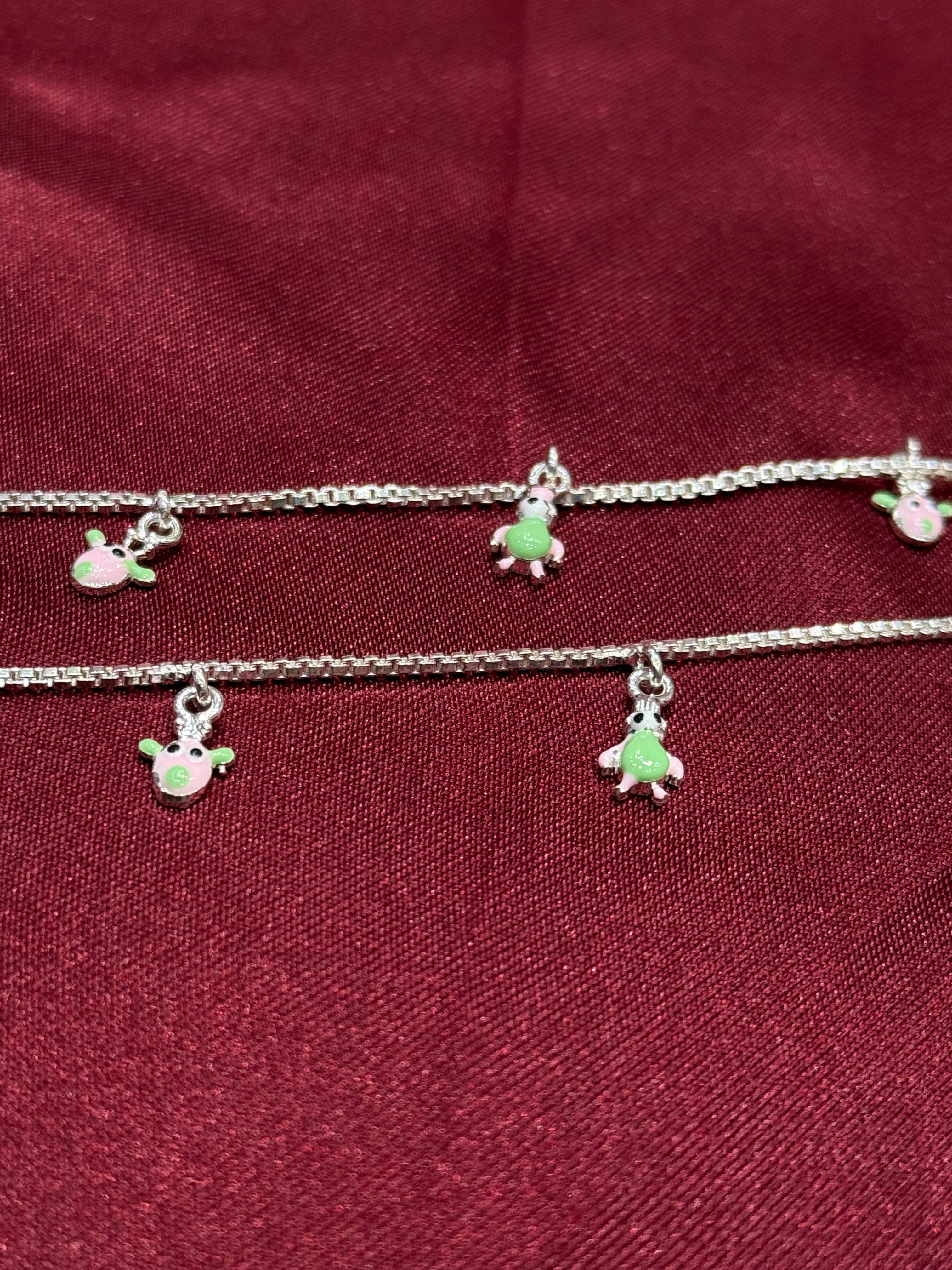 Kids fancy silver anklets with green and peach turtle charms (2-3 year old)