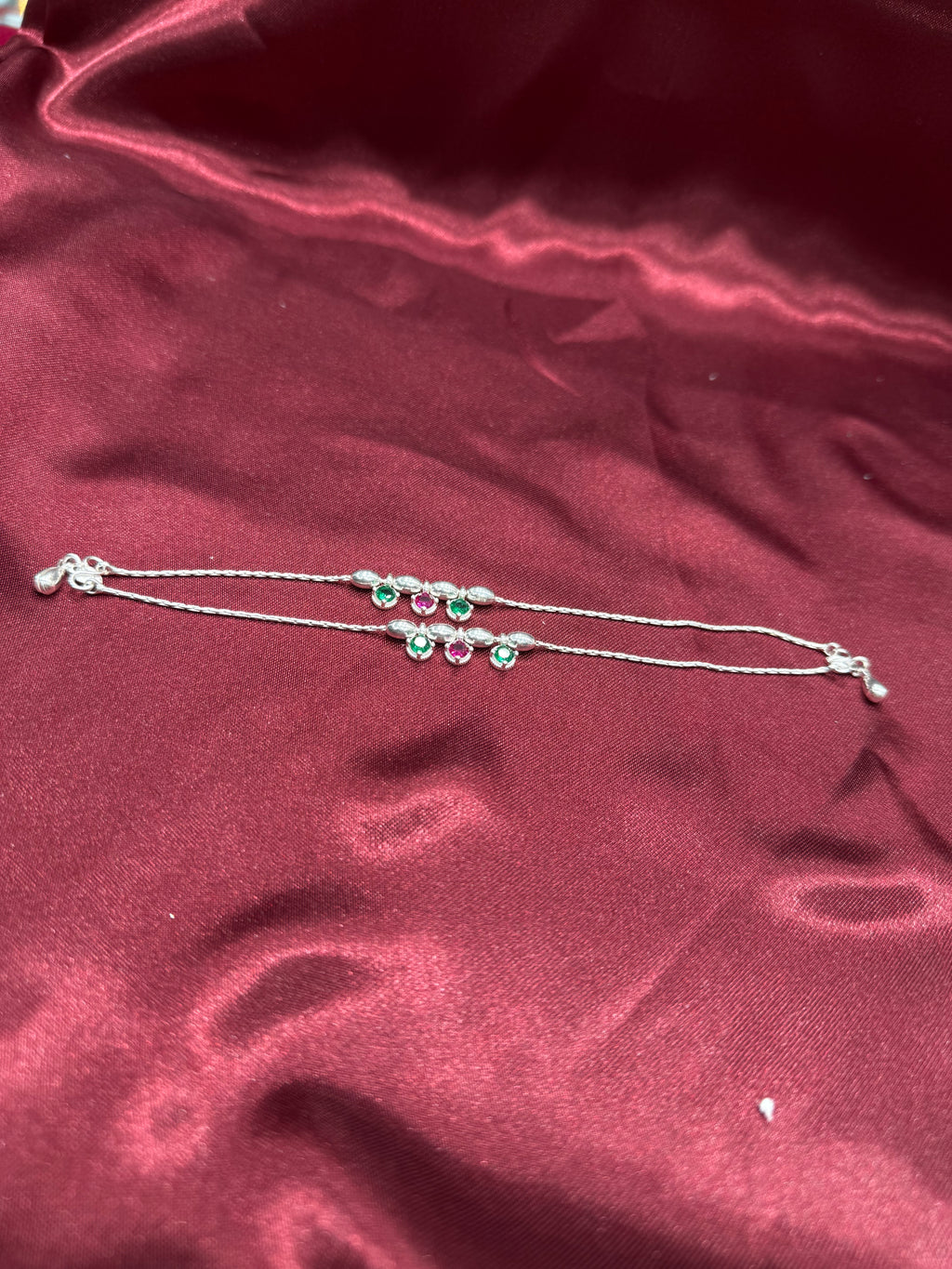 Kids fancy silver anklets with silver beads and green & pink stone charms (4-5 year old)