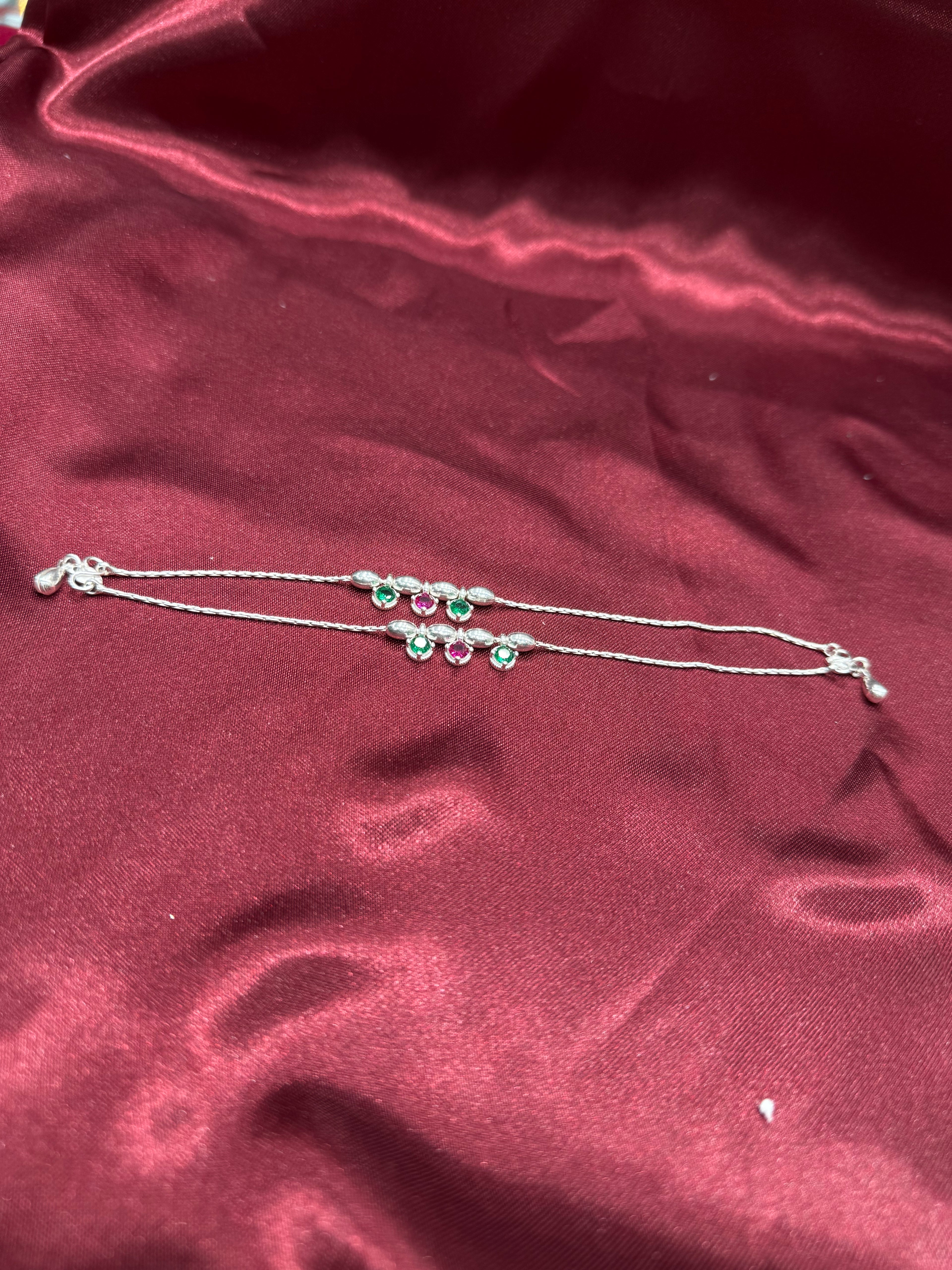 Kids fancy silver anklets with silver beads and green & pink stone charms (4-5 year old)