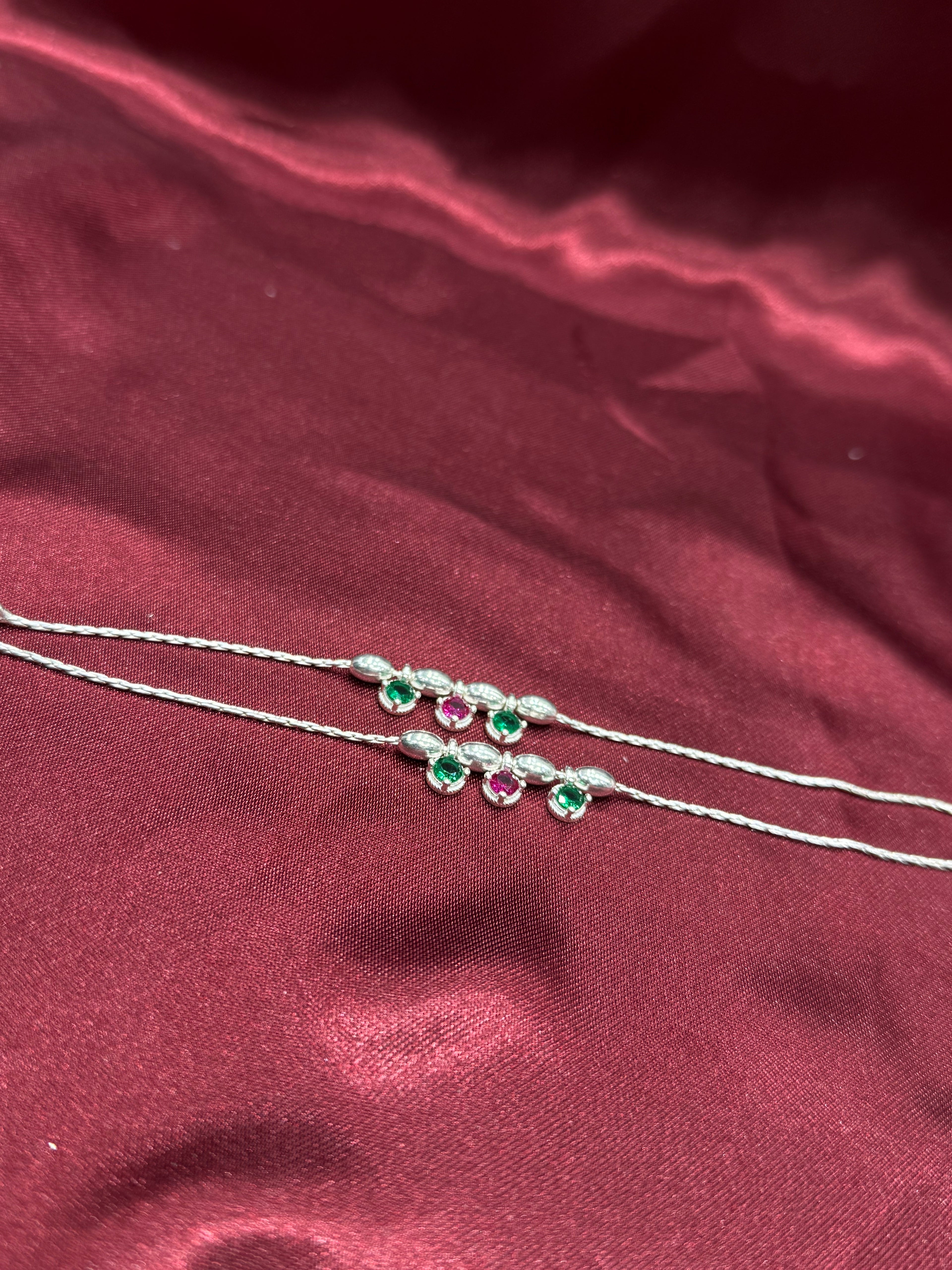 Kids fancy silver anklets with silver beads and green & pink stone charms (4-5 year old)