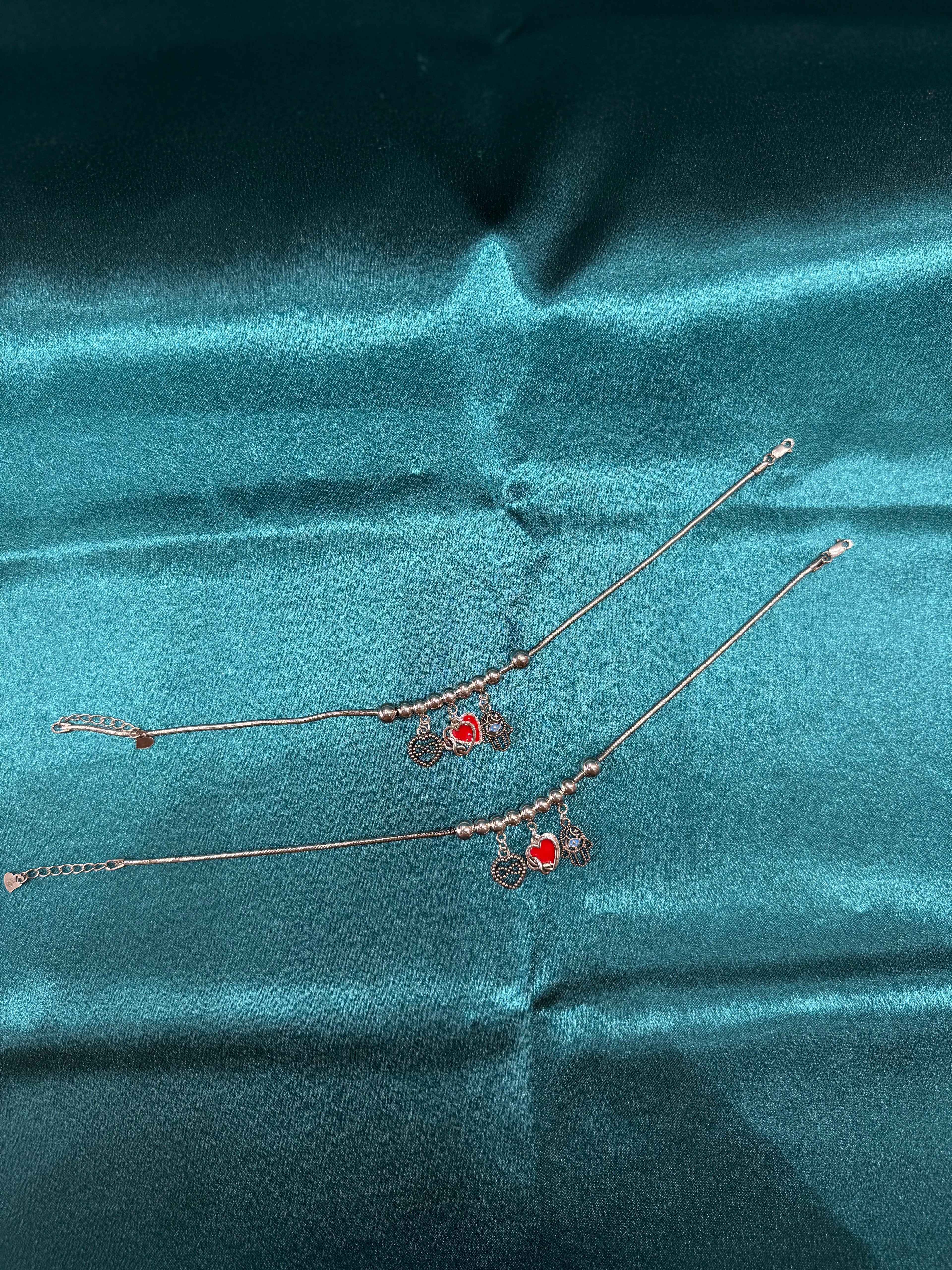 Fancy silver anklets with beads and heart/evil eye/infinity