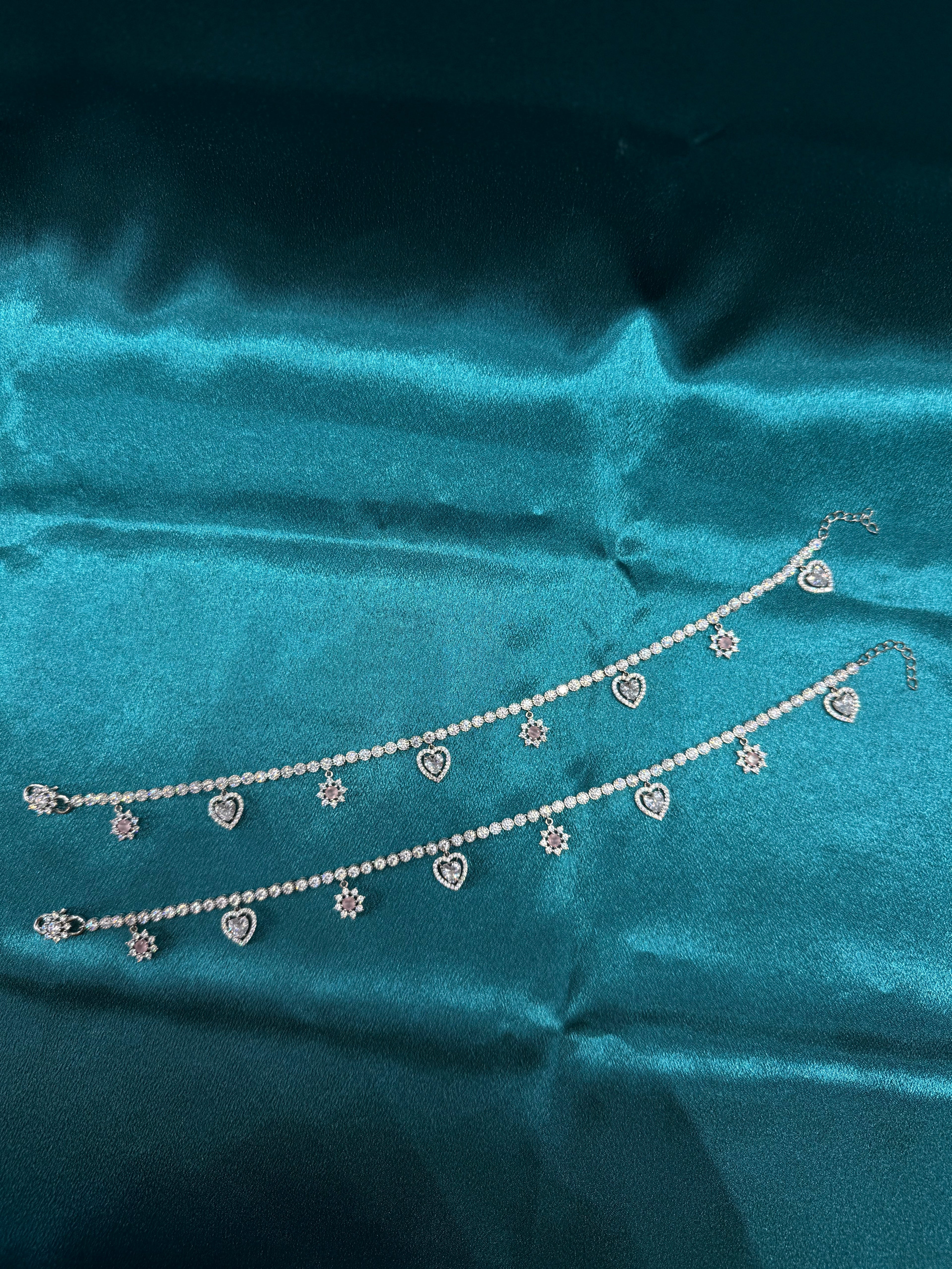 Fancy silver anklet with white and pink CZ diamonds