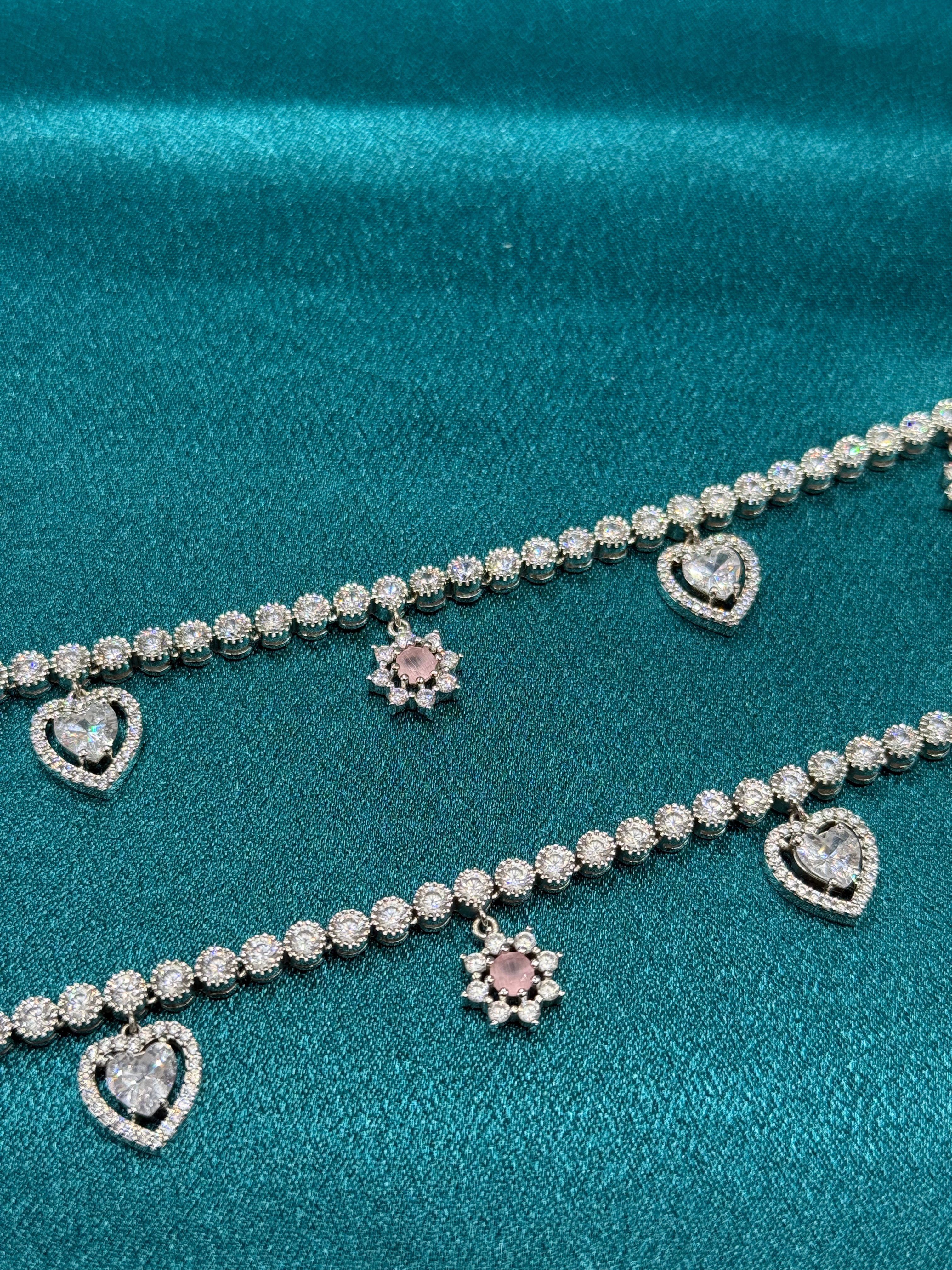 Fancy silver anklet with white and pink CZ diamonds