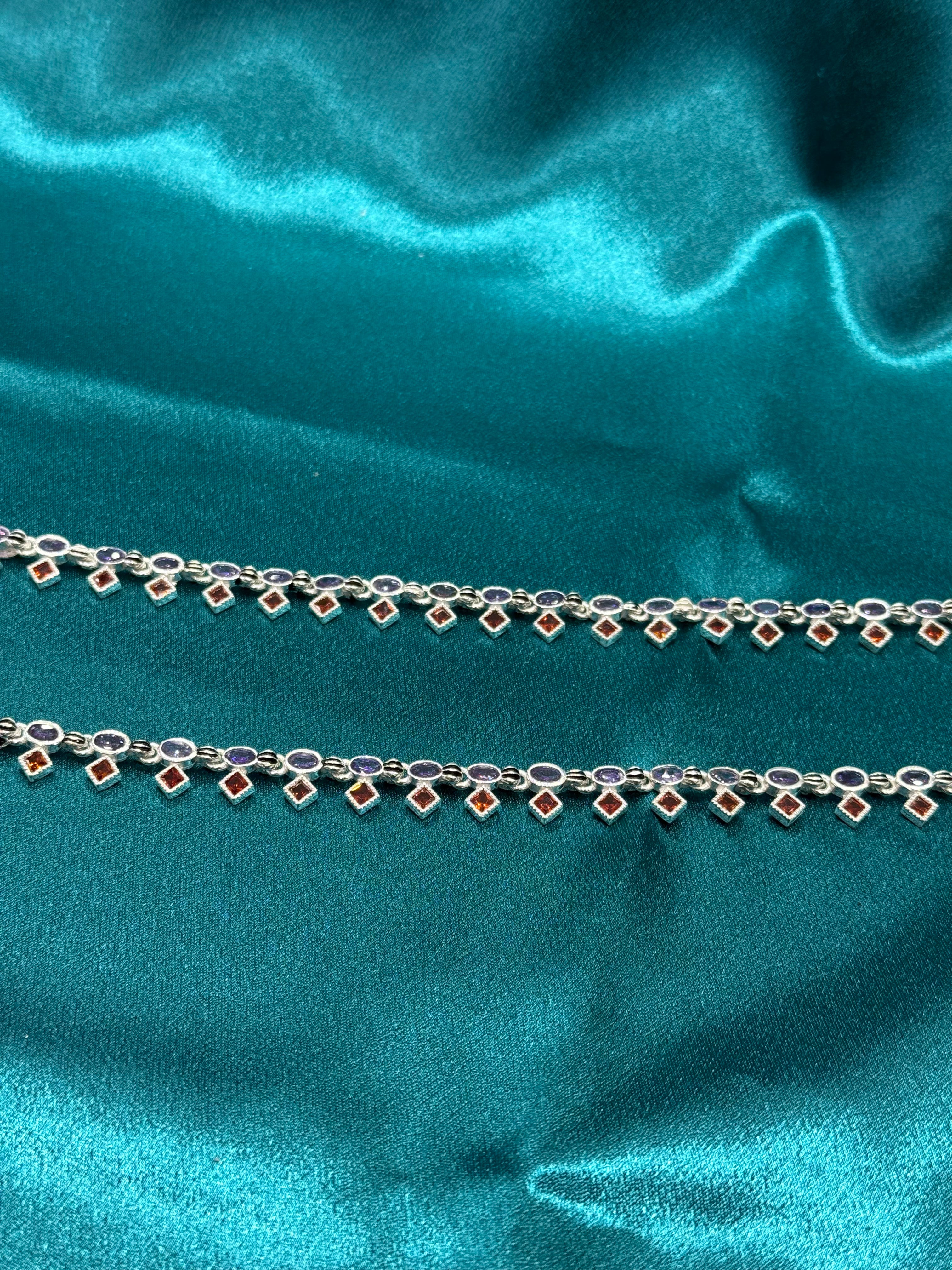 Fancy silver anklets with purple and orange CZ stones