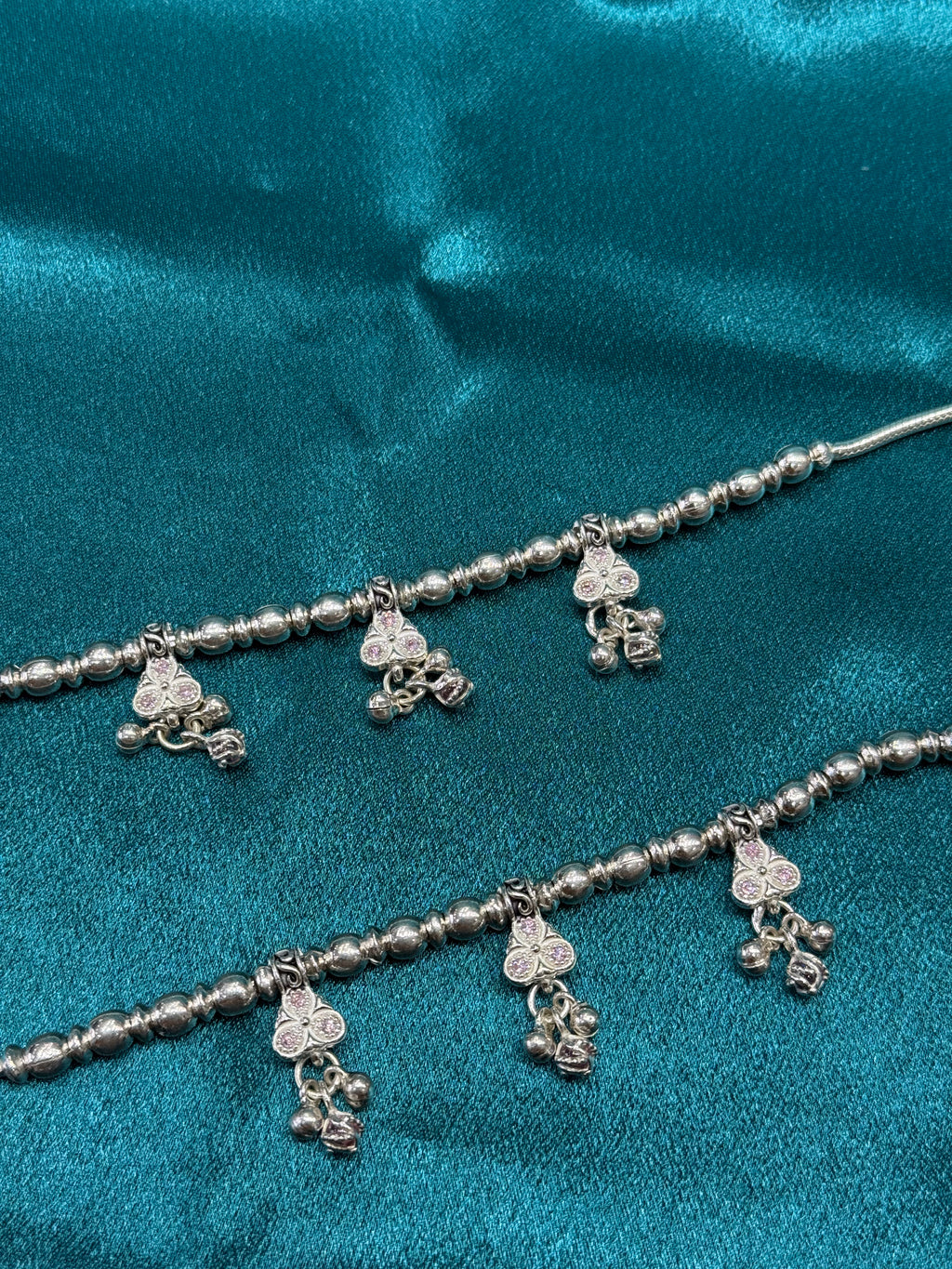 Fancy silver anklet with hanging flower beads