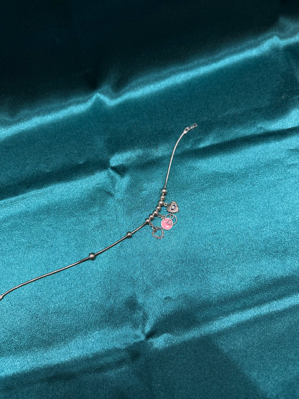 Single fancy silver anklet with Heart, Infinity and evil eye hanging charm