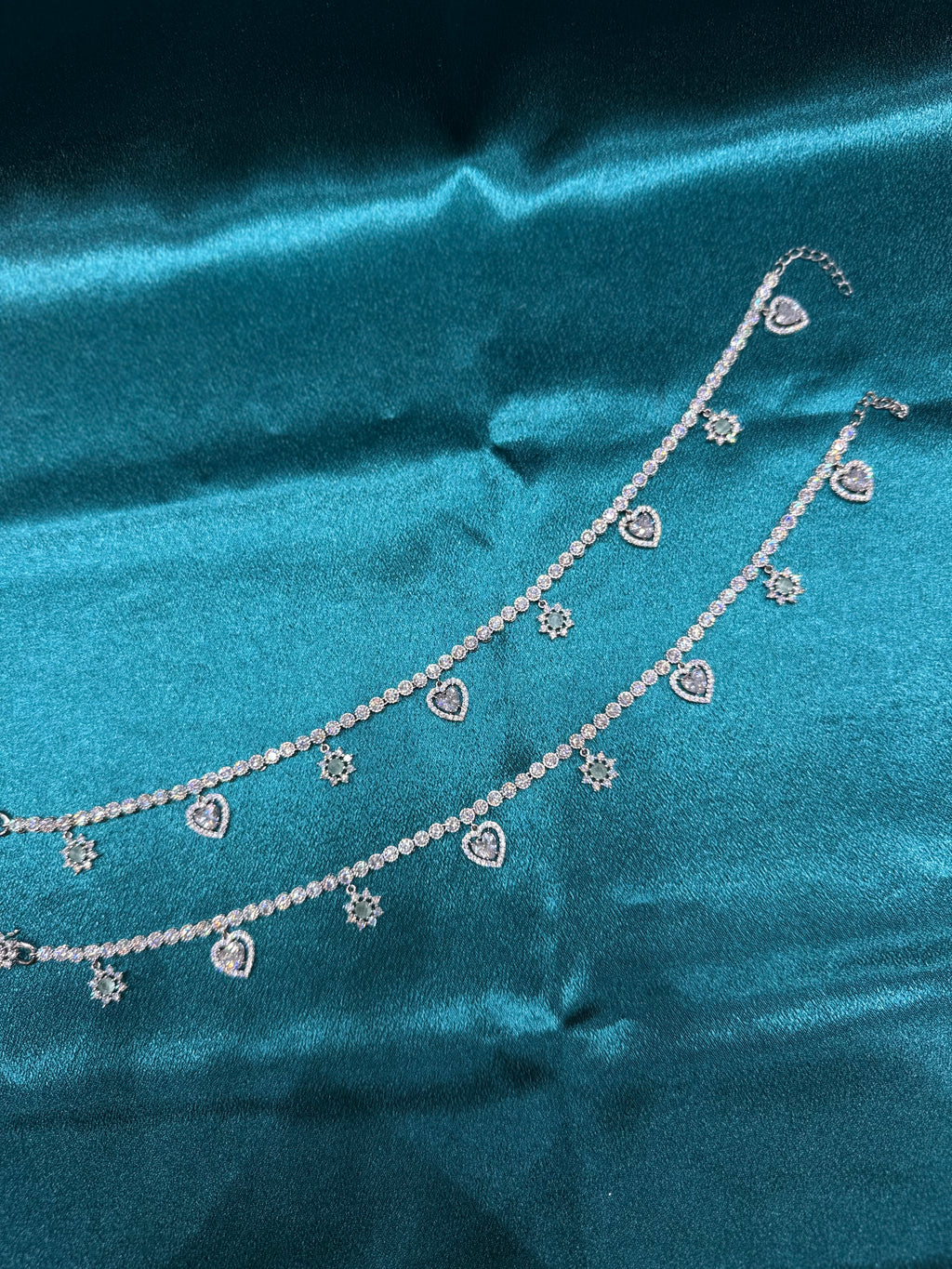 Fancy silver anklet with flower and heart stone hanging beads