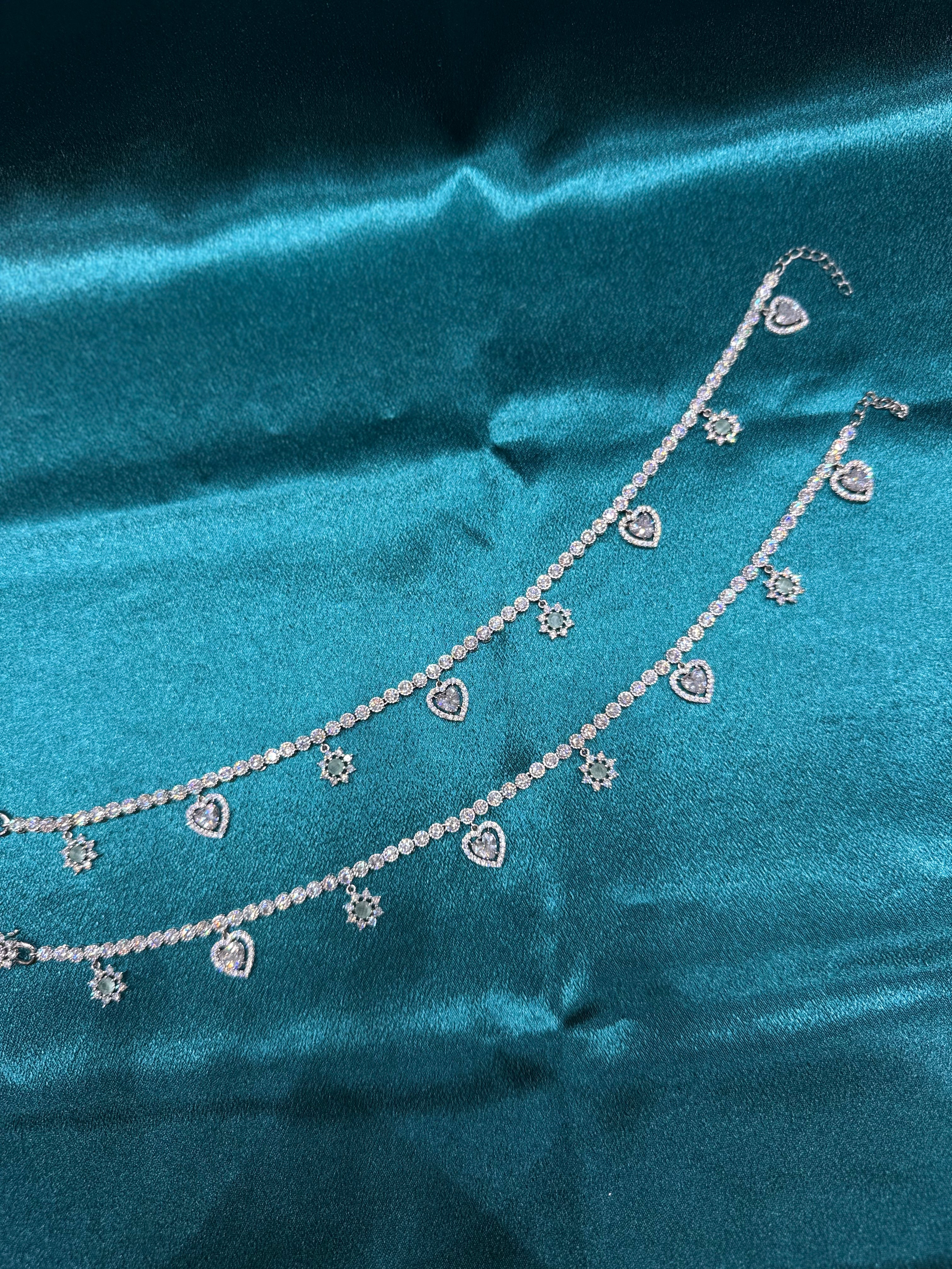 Fancy silver anklet with flower and heart stone hanging beads