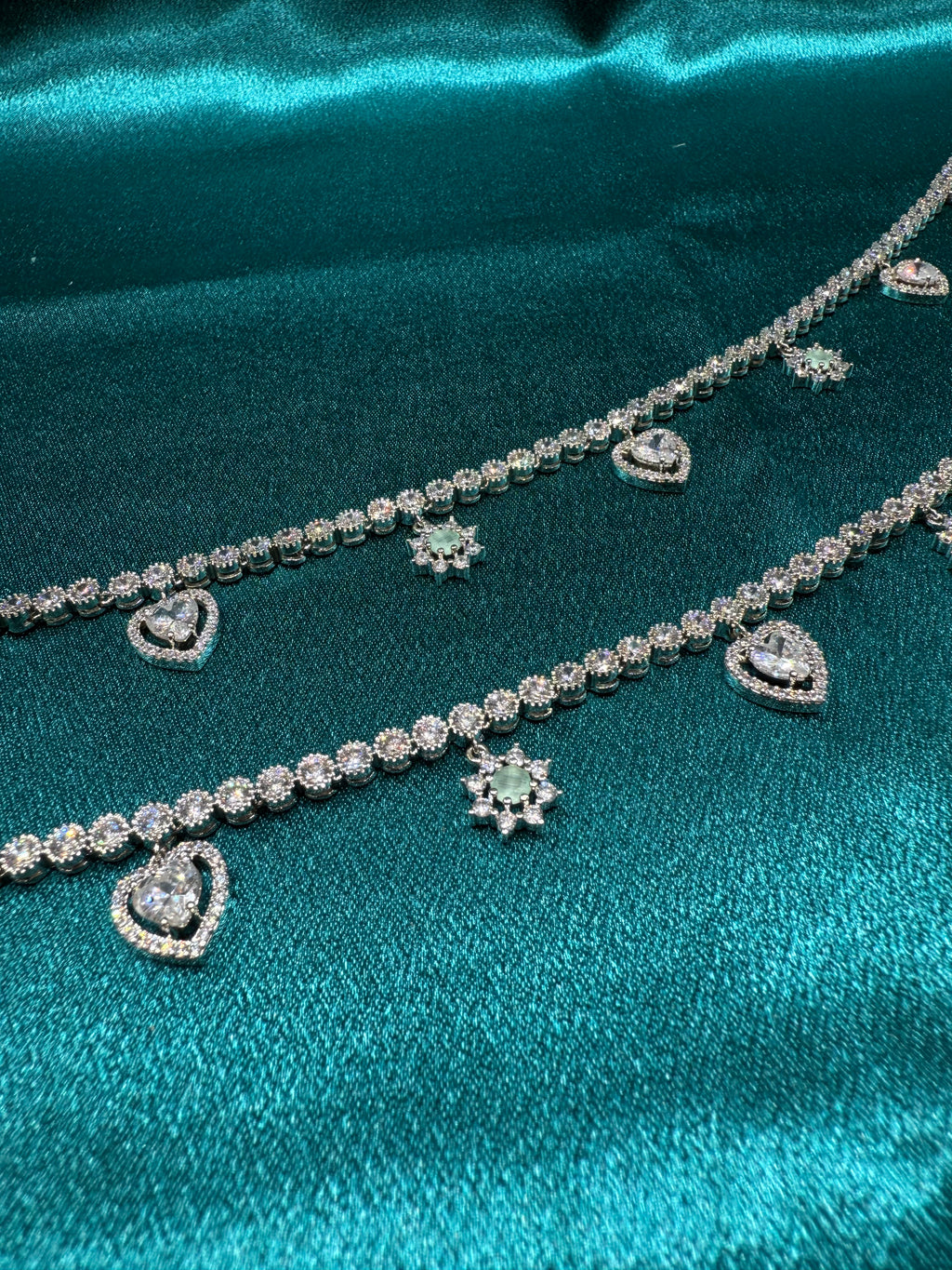 Fancy silver anklet with flower and heart stone hanging beads